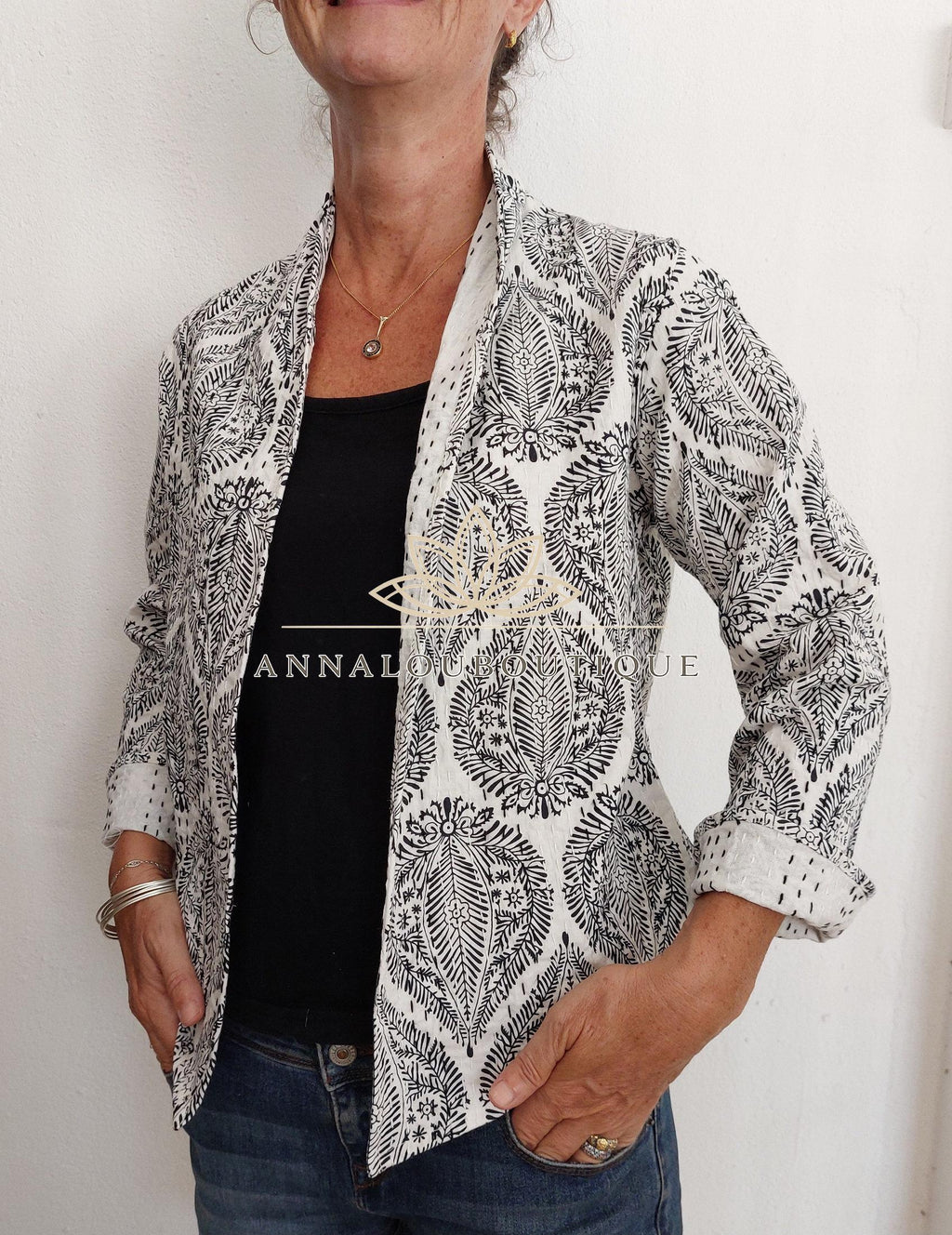 Black Diamond Cotton Jacket, Kimono Style Bohemian Jacket, Mid-Season Casual Wear, White Cotton Lining, Limited Edition