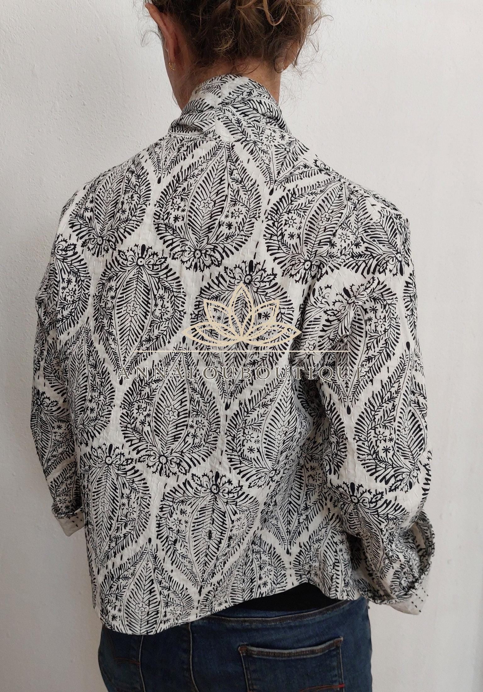 Black Diamond Cotton Jacket, Kimono Style Bohemian Jacket, Mid-Season Casual Wear, White Cotton Lining, Limited Edition
