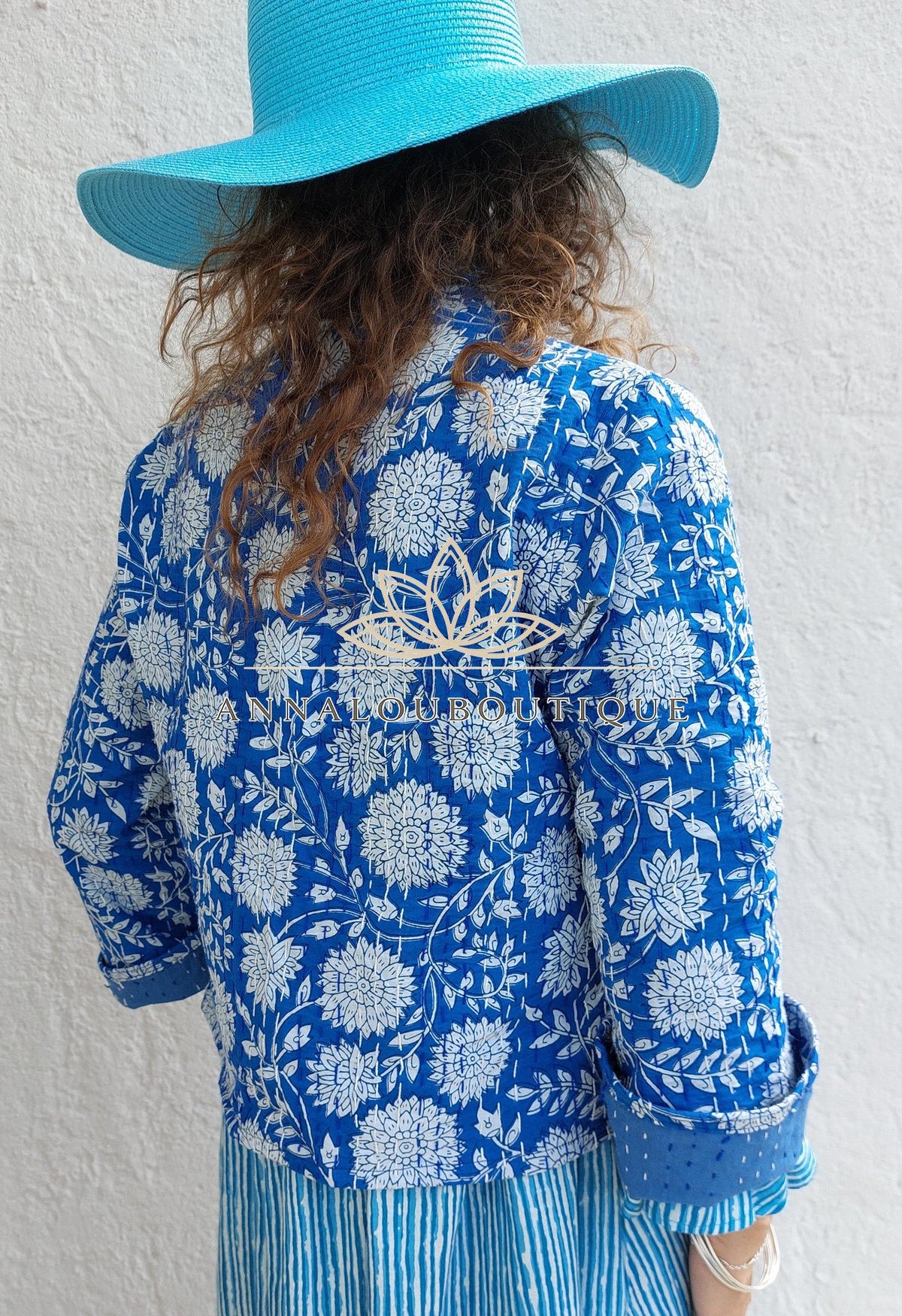 Blue Floral Cotton Jacket, Open Front Boho Cardigan, Lightweight Mid-Season Jacket, Hippie Chic Women’s Layer