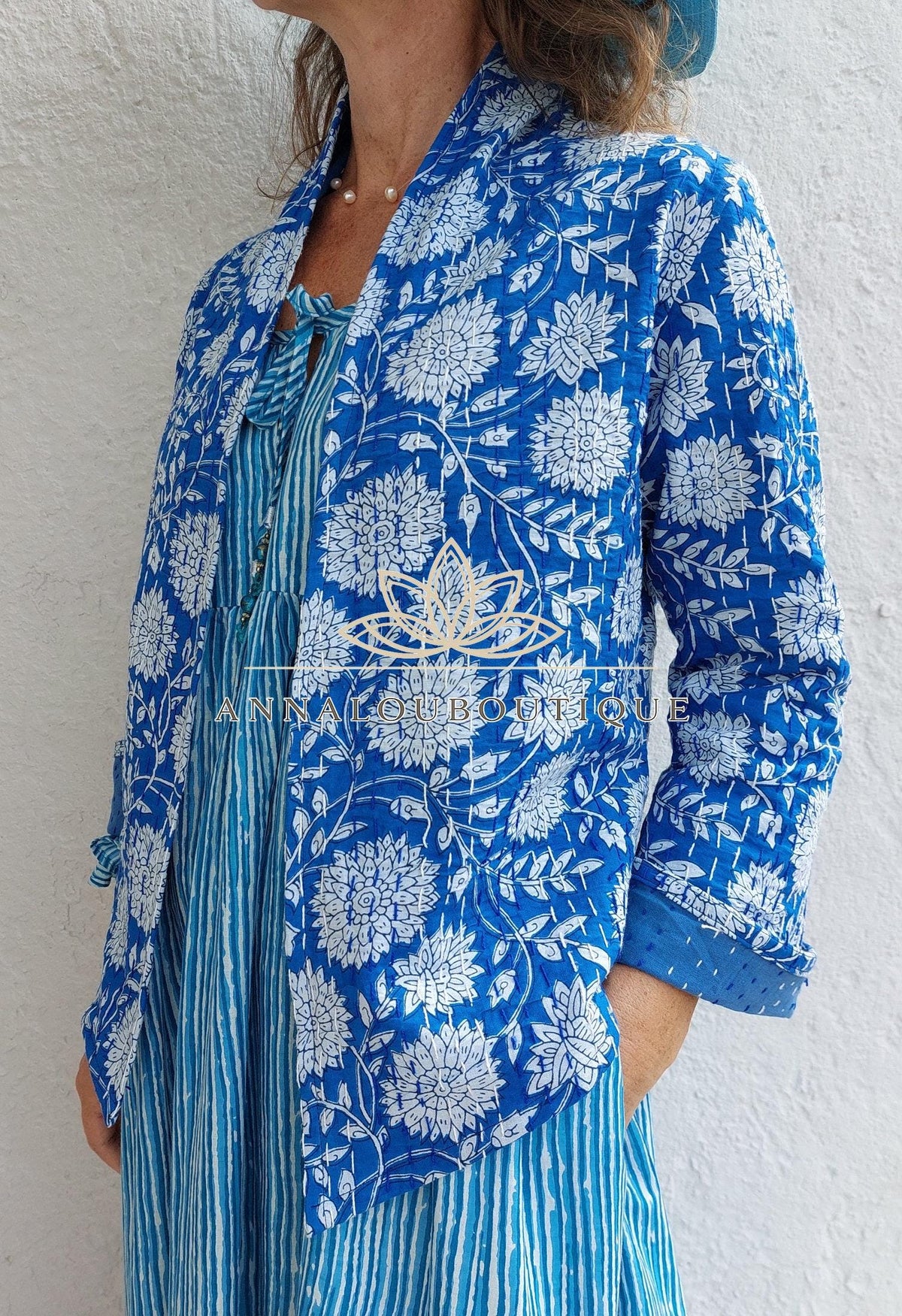Blue Floral Cotton Jacket, Open Front Boho Cardigan, Lightweight Mid-Season Jacket, Hippie Chic Women’s Layer