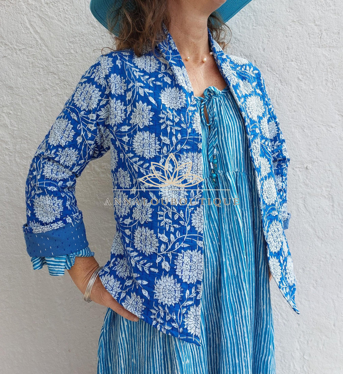Blue Floral Cotton Jacket, Open Front Boho Cardigan, Lightweight Mid-Season Jacket, Hippie Chic Women’s Layer
