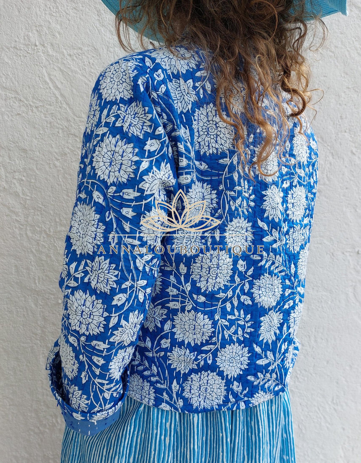 Blue Floral Cotton Jacket, Open Front Boho Cardigan, Lightweight Mid-Season Jacket, Hippie Chic Women’s Layer