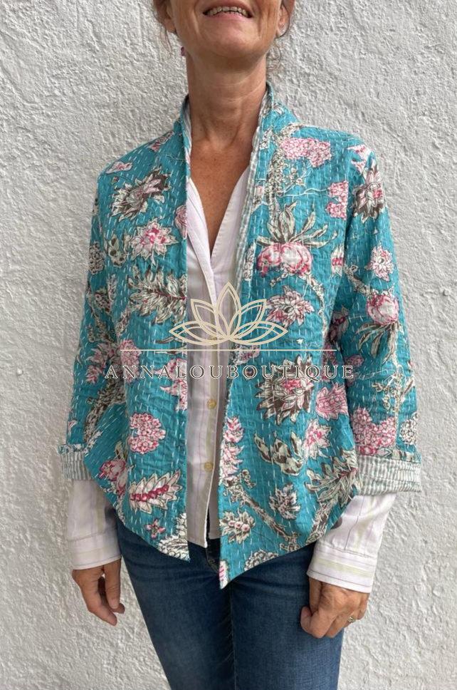 Turquoise Pink Floral Cotton Jacket, Kimono Style Summer Jacket, Lightweight Bohemian Layer, Striped Cotton Lining, Casual Chic Women’s Wear