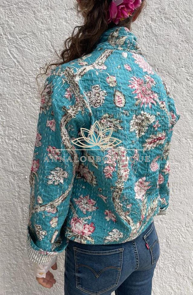Turquoise Pink Floral Cotton Jacket, Kimono Style Summer Jacket, Lightweight Bohemian Layer, Striped Cotton Lining, Casual Chic Women’s Wear