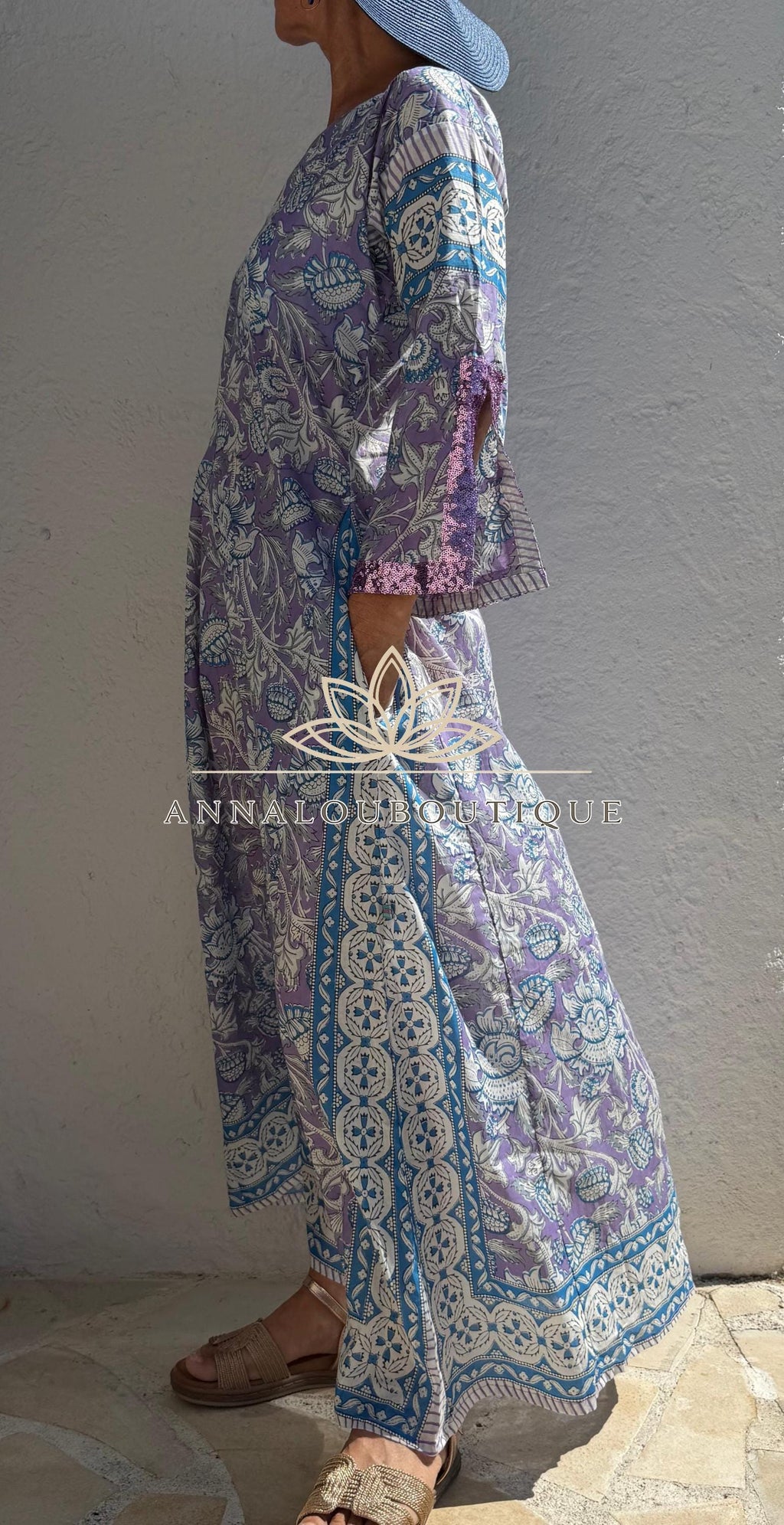 Mauve & Blue Floral Print Maxi Dress, Soft Cotton Summer Resort Wear, Beach Cover Up, Handmade Fashion with Sequin Lace Sleeves