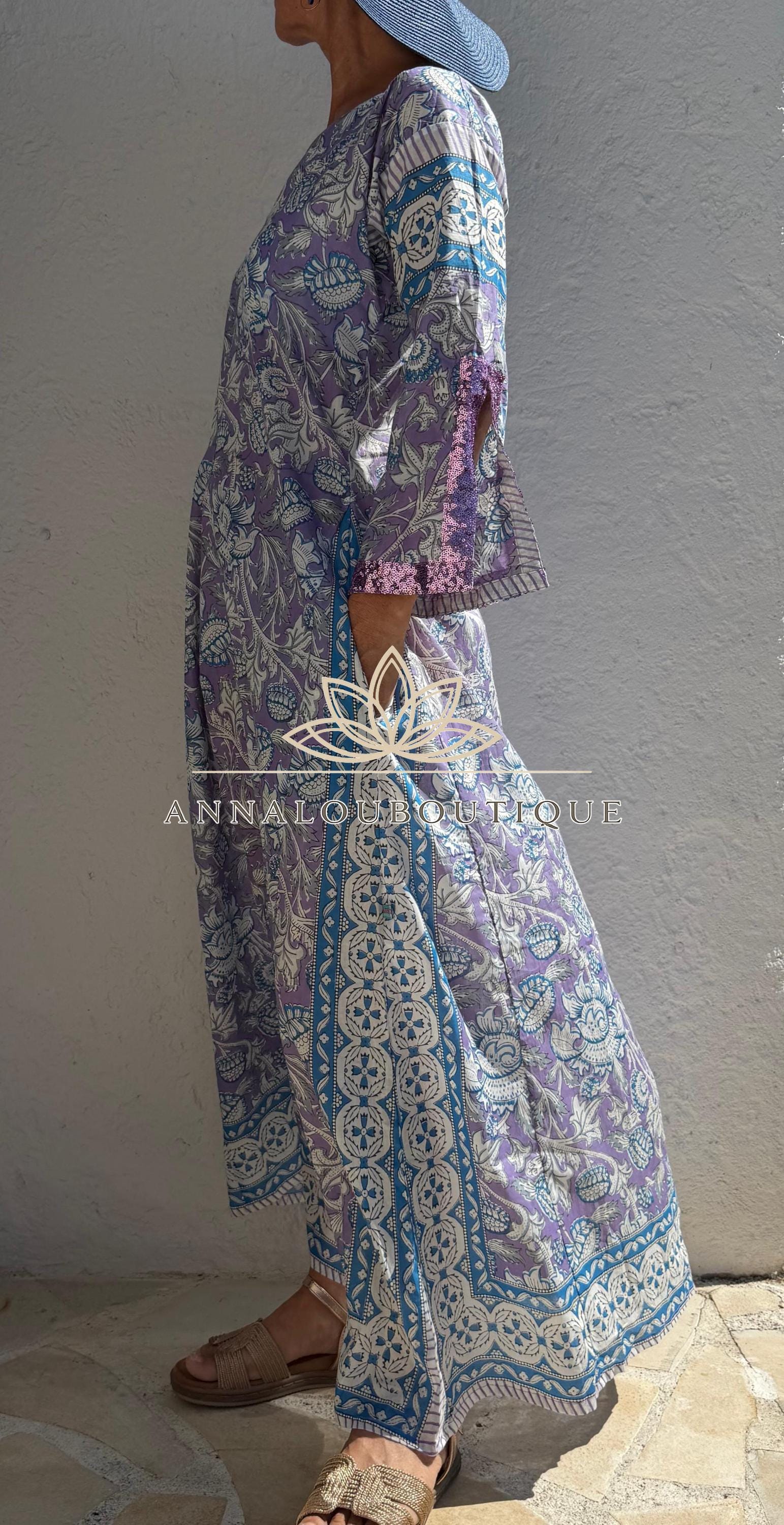Mauve & Blue Floral Print Maxi Dress, Soft Cotton Summer Resort Wear, Beach Cover Up, Handmade Fashion with Sequin Lace Sleeves