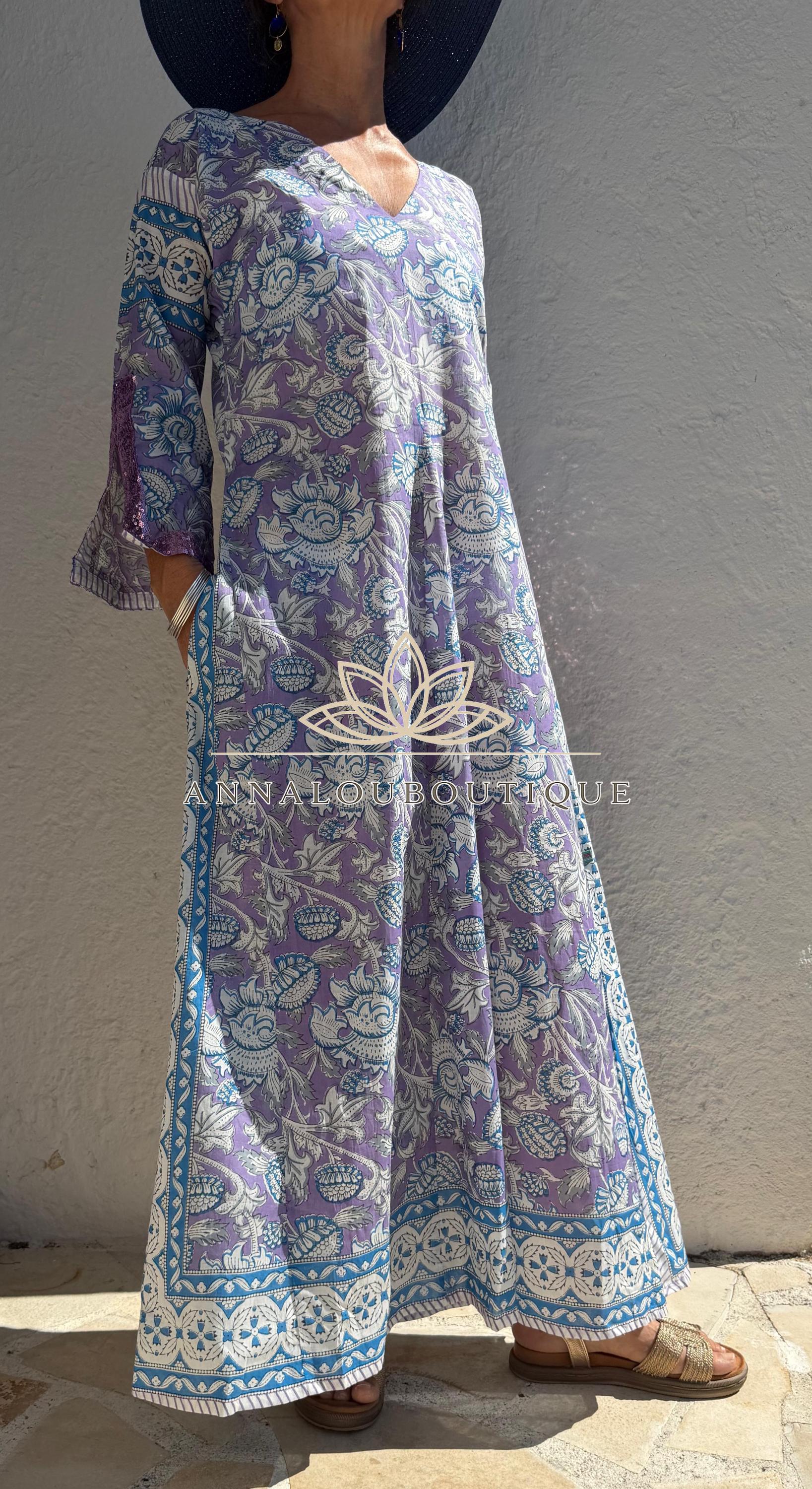 Mauve & Blue Floral Print Maxi Dress, Soft Cotton Summer Resort Wear, Beach Cover Up, Handmade Fashion with Sequin Lace Sleeves