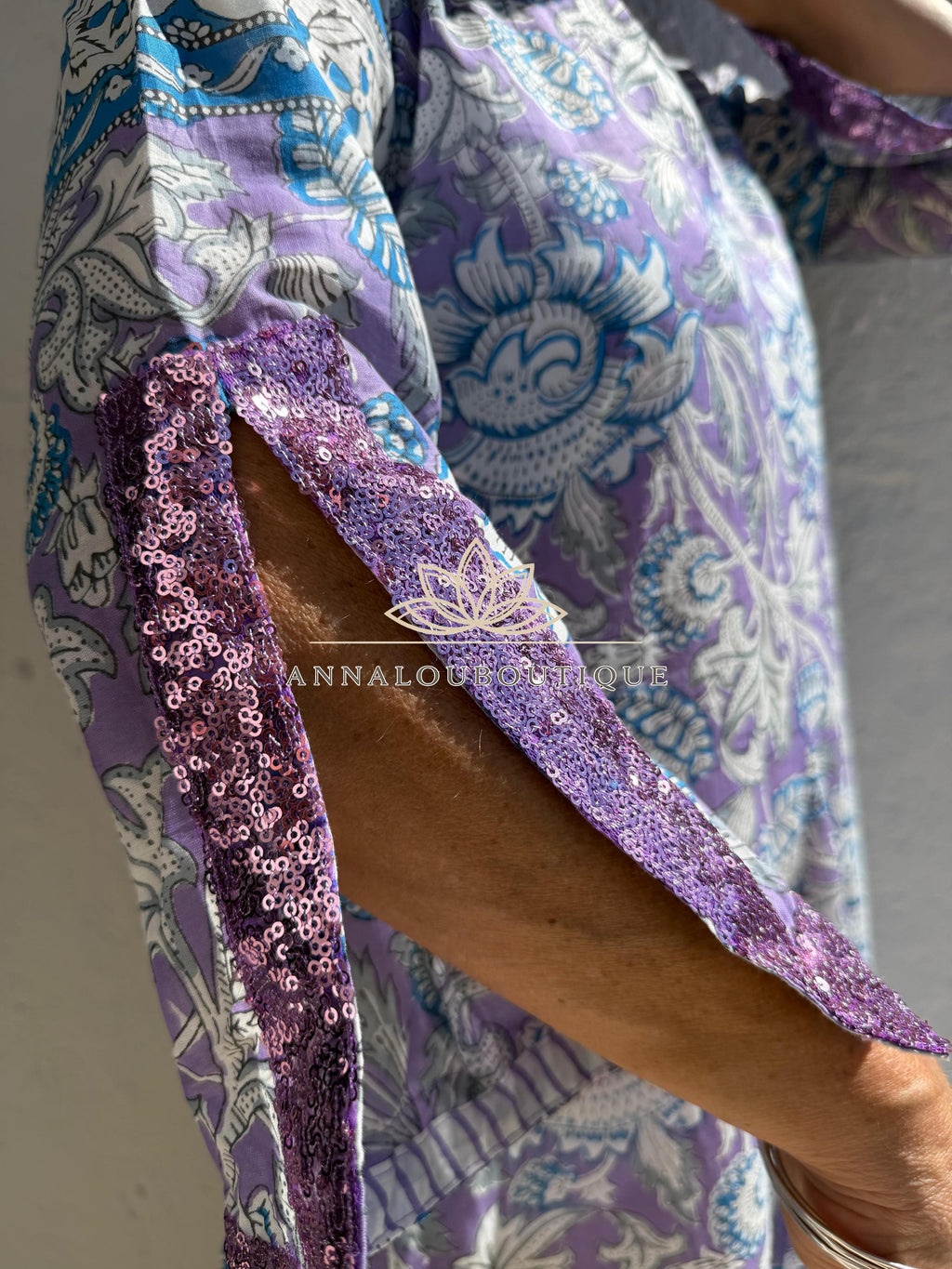 Mauve & Blue Floral Print Maxi Dress, Soft Cotton Summer Resort Wear, Beach Cover Up, Handmade Fashion with Sequin Lace Sleeves