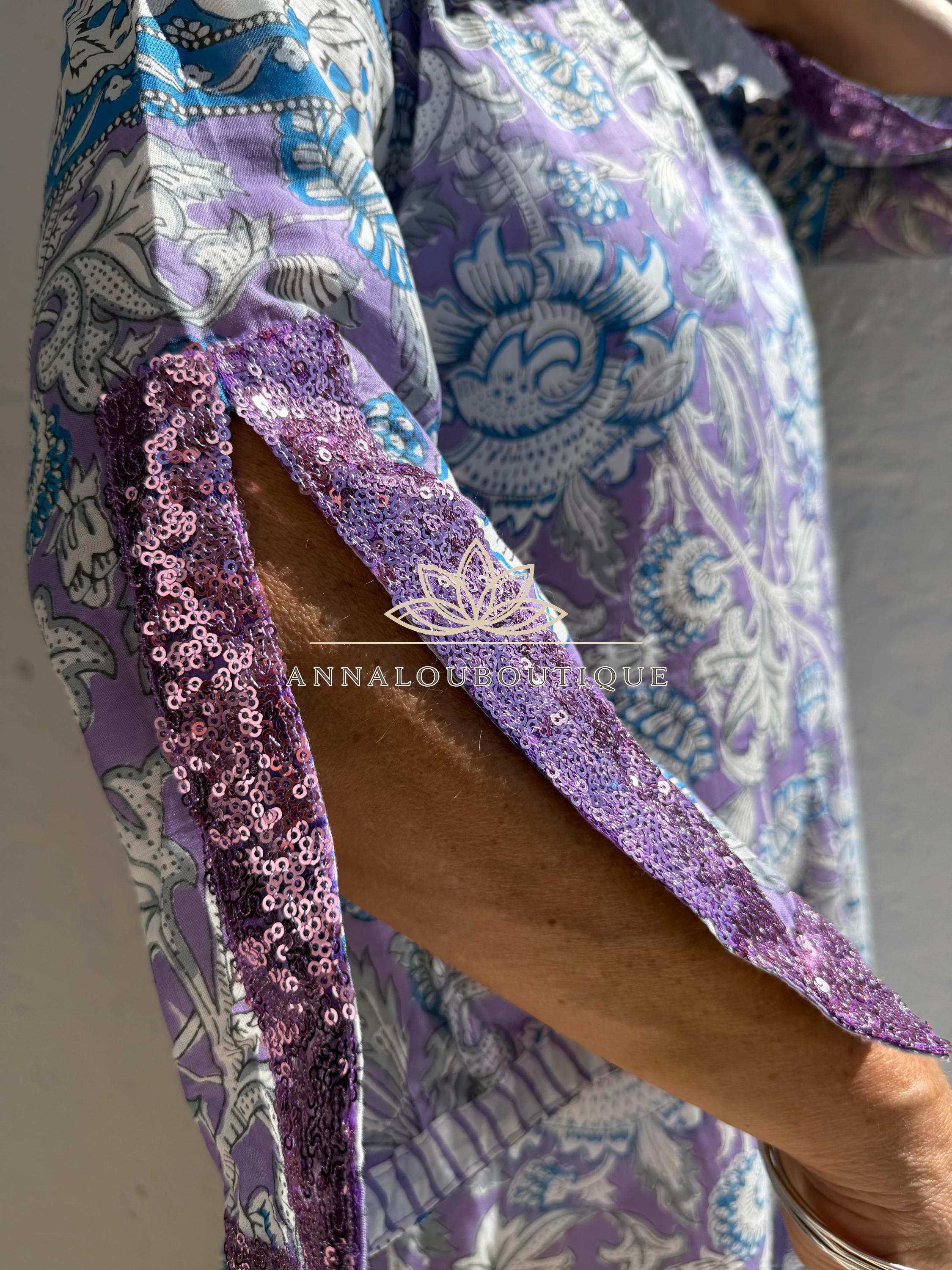 Mauve & Blue Floral Print Maxi Dress, Soft Cotton Summer Resort Wear, Beach Cover Up, Handmade Fashion with Sequin Lace Sleeves