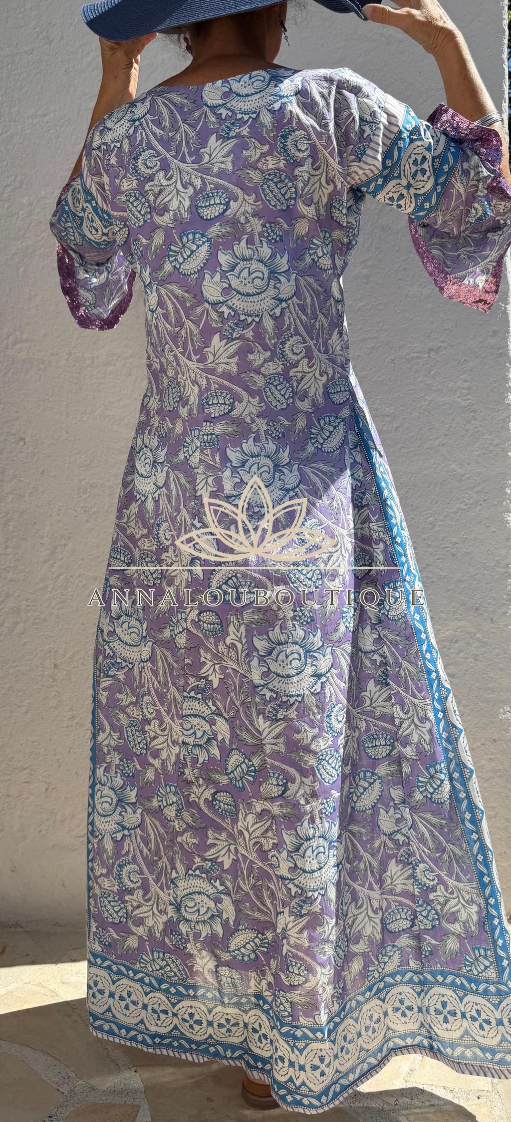 Mauve & Blue Floral Print Maxi Dress, Soft Cotton Summer Resort Wear, Beach Cover Up, Handmade Fashion with Sequin Lace Sleeves