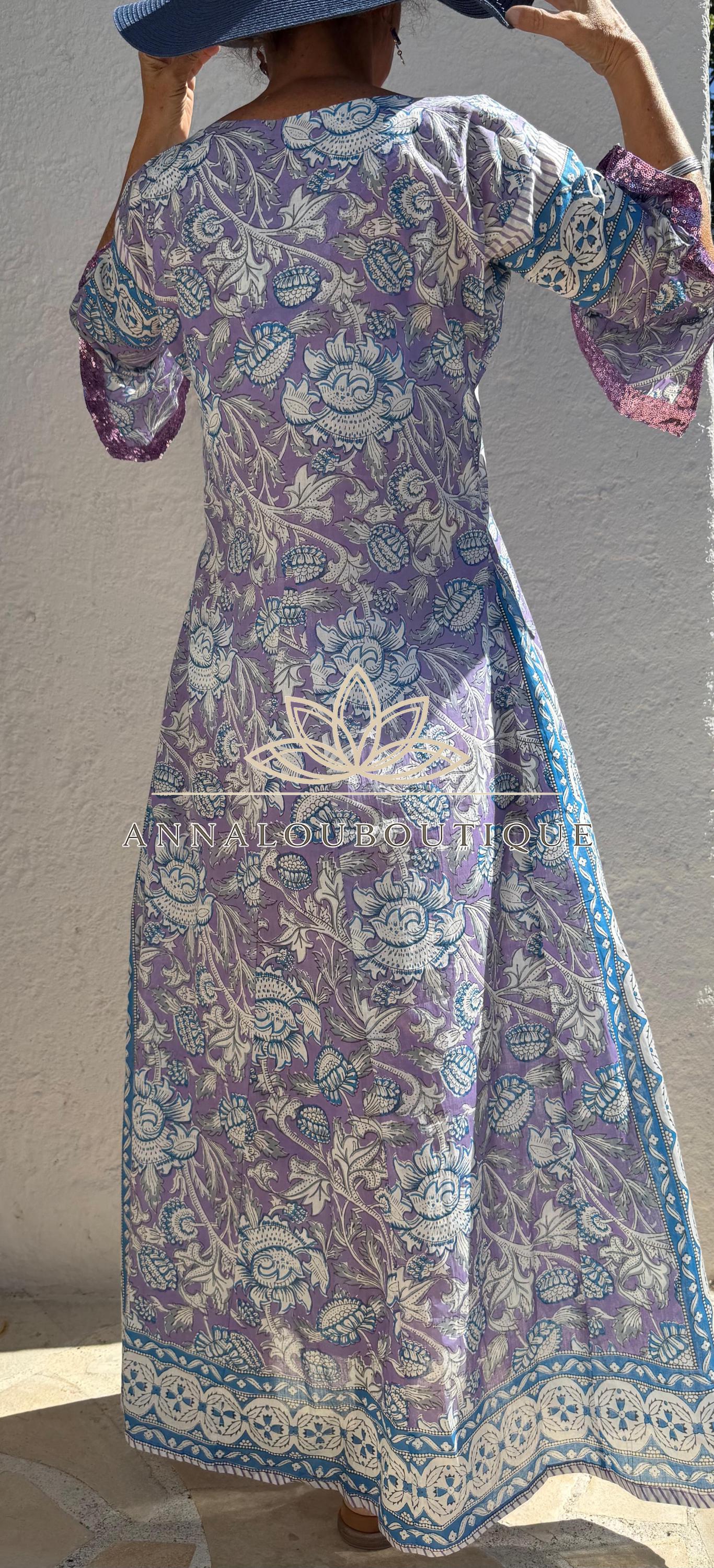 Mauve & Blue Floral Print Maxi Dress, Soft Cotton Summer Resort Wear, Beach Cover Up, Handmade Fashion with Sequin Lace Sleeves
