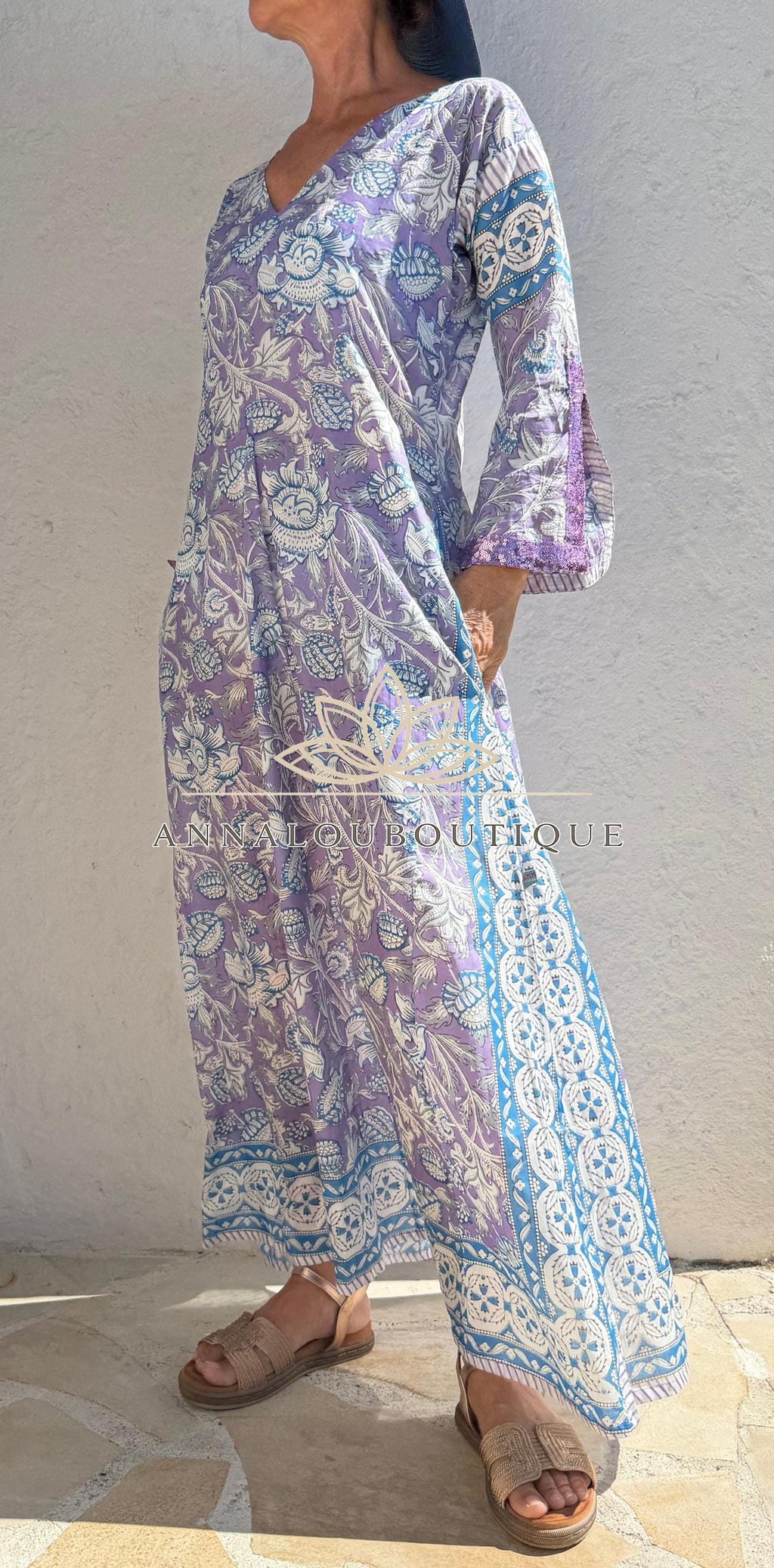 Mauve & Blue Floral Print Maxi Dress, Soft Cotton Summer Resort Wear, Beach Cover Up, Handmade Fashion with Sequin Lace Sleeves