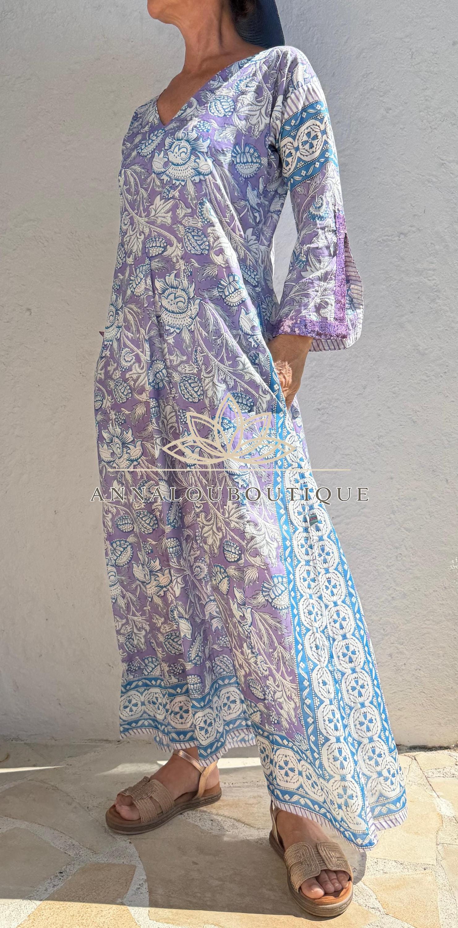 Mauve & Blue Floral Print Maxi Dress, Soft Cotton Summer Resort Wear, Beach Cover Up, Handmade Fashion with Sequin Lace Sleeves
