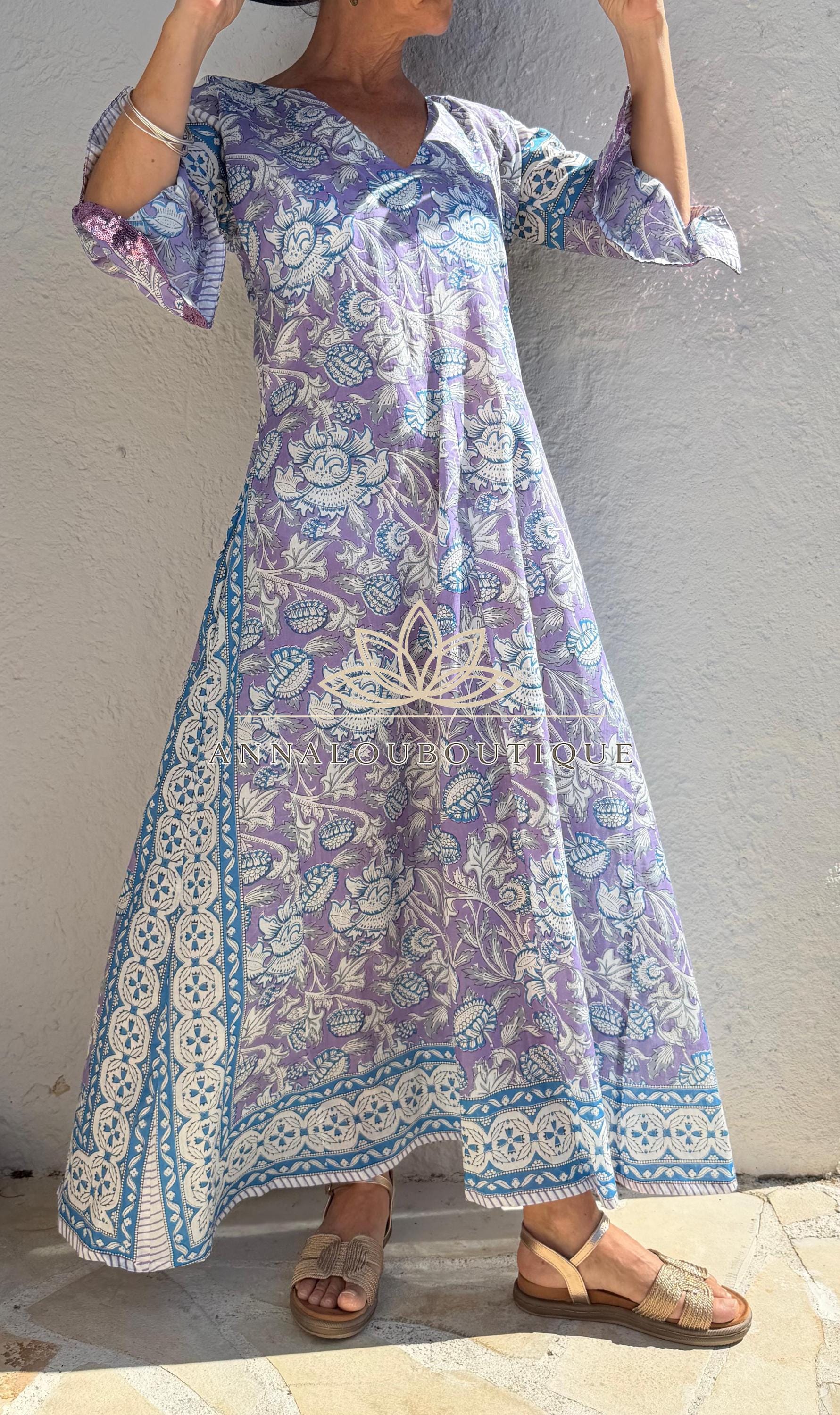 Mauve & Blue Floral Print Maxi Dress, Soft Cotton Summer Resort Wear, Beach Cover Up, Handmade Fashion with Sequin Lace Sleeves