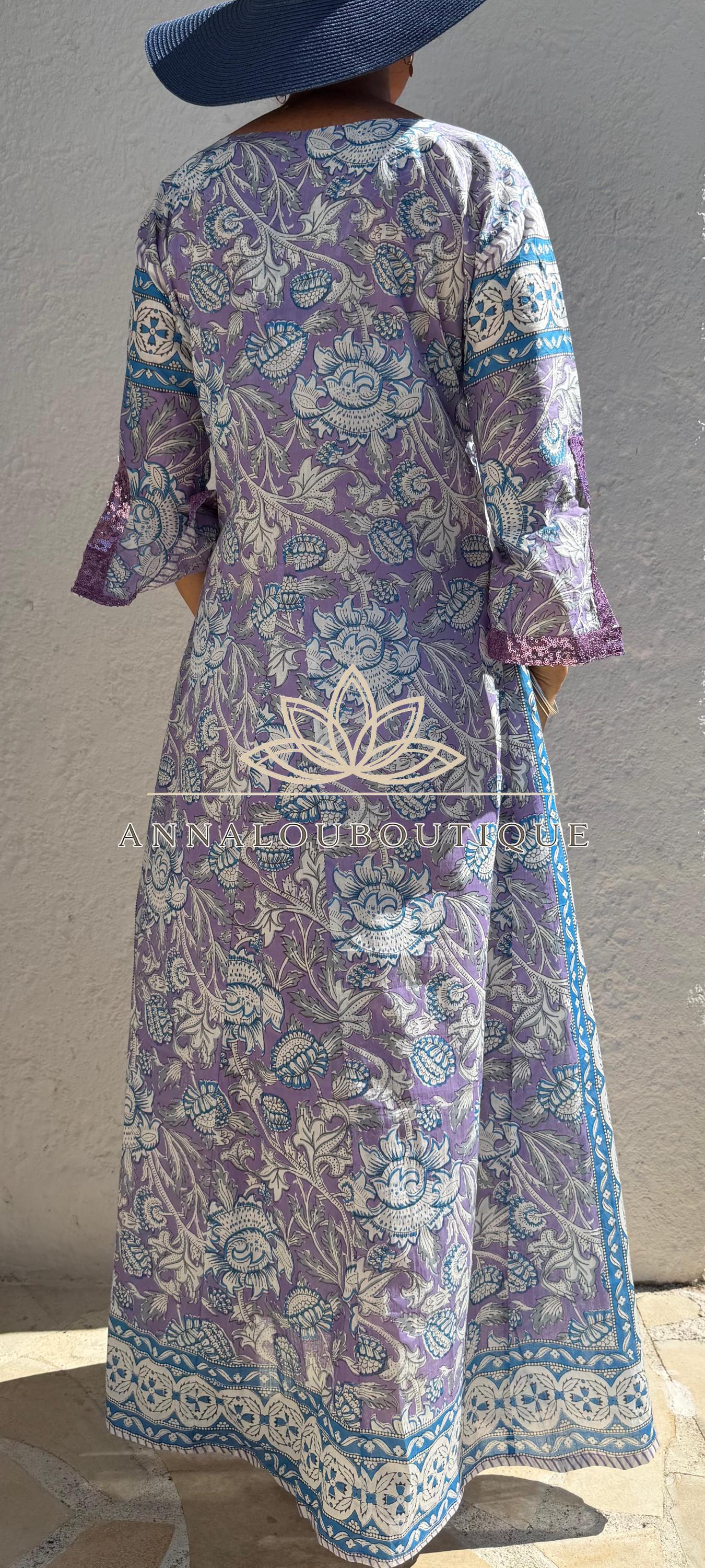 Mauve & Blue Floral Print Maxi Dress, Soft Cotton Summer Resort Wear, Beach Cover Up, Handmade Fashion with Sequin Lace Sleeves