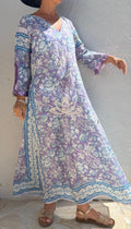 Mauve & Blue Floral Print Maxi Dress, Soft Cotton Summer Resort Wear, Beach Cover Up, Handmade Fashion with Sequin Lace Sleeves
