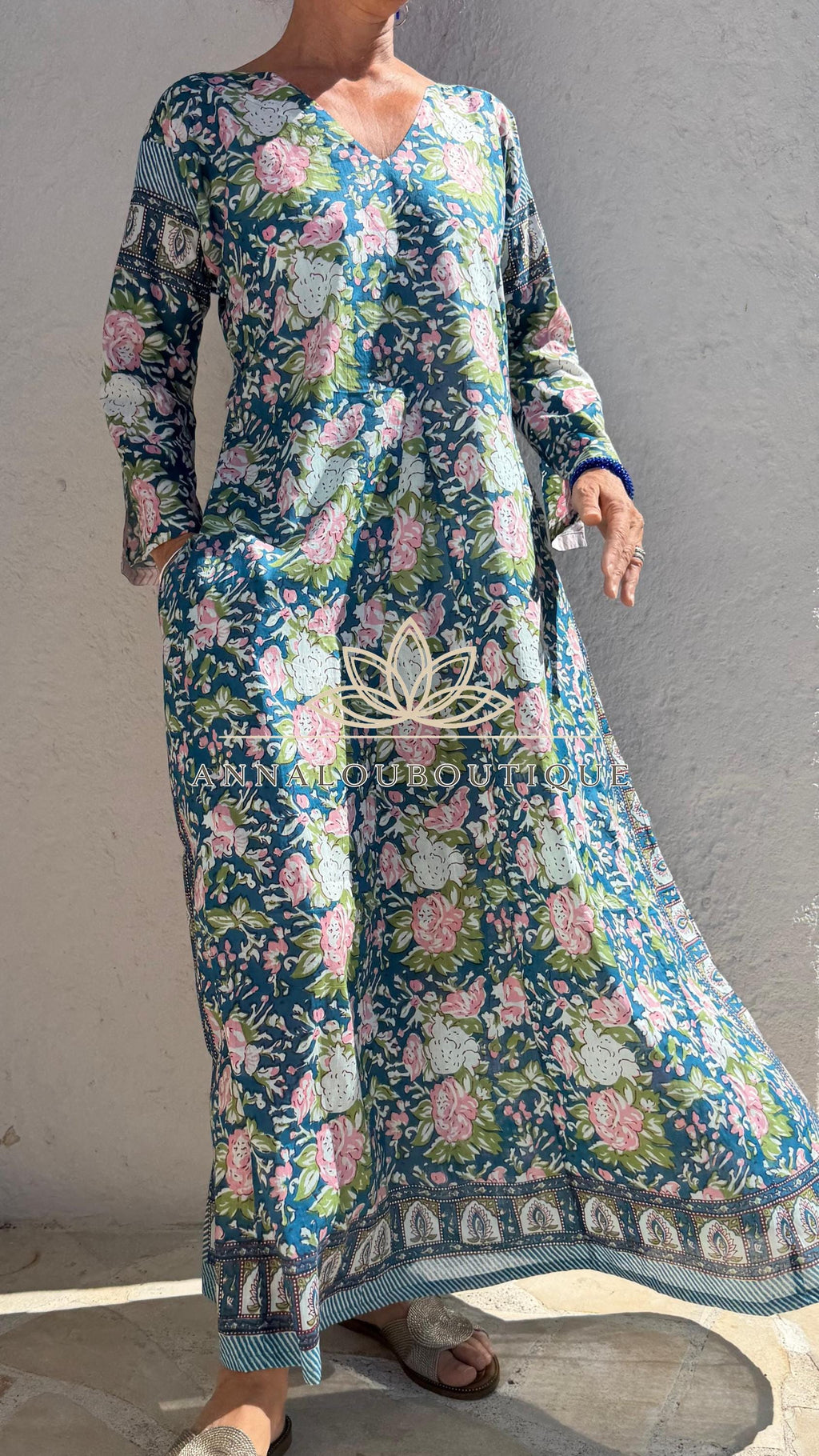 Pink Blue Floral Kaftan Dress, Soft Cotton Beach Cover Up, Flowy Summer Maxi Dress, Bohemian Resort Wear, Handmade Cotton Fashion