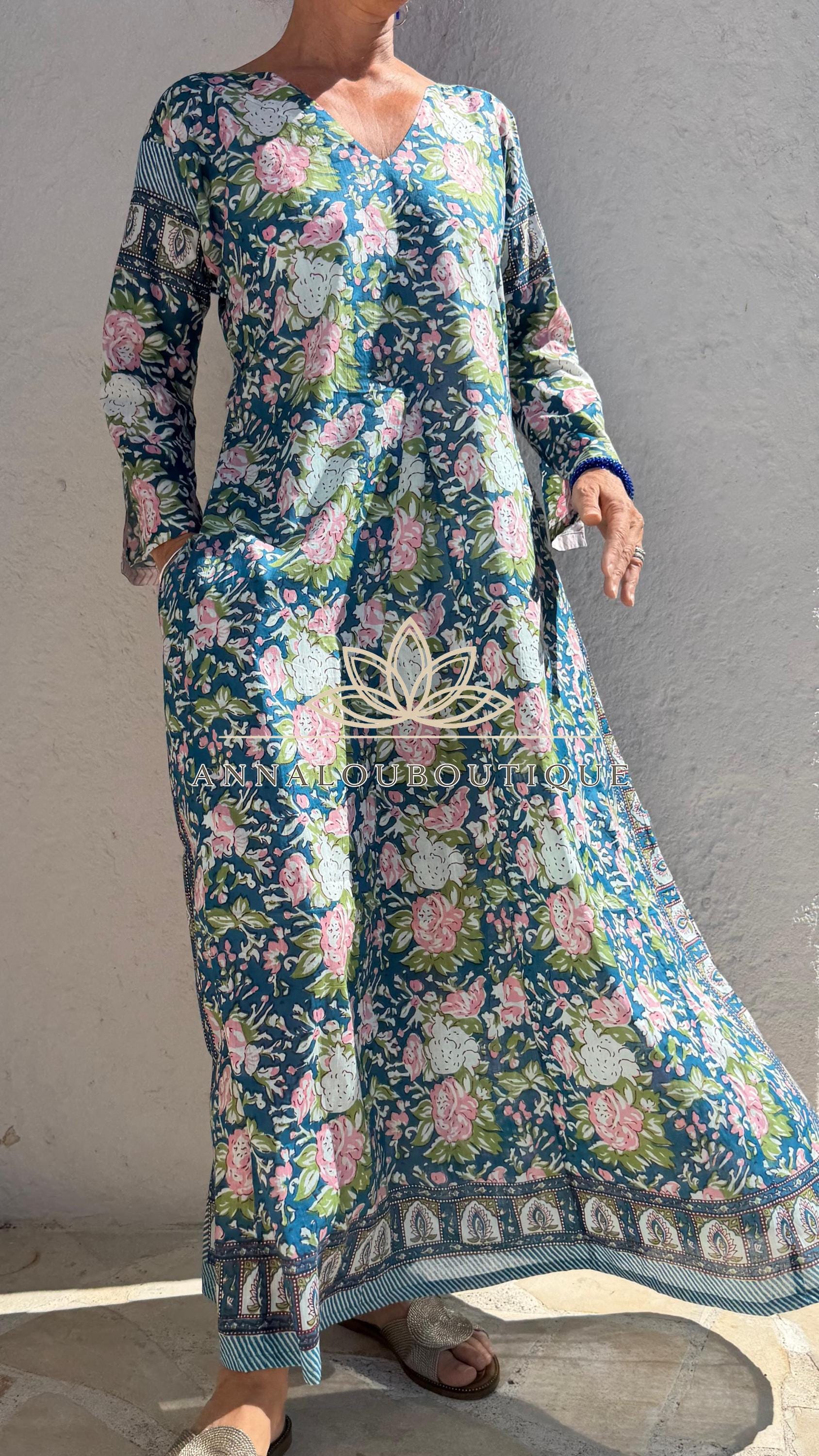 Pink Blue Floral Kaftan Dress, Soft Cotton Beach Cover Up, Flowy Summer Maxi Dress, Bohemian Resort Wear, Handmade Cotton Fashion