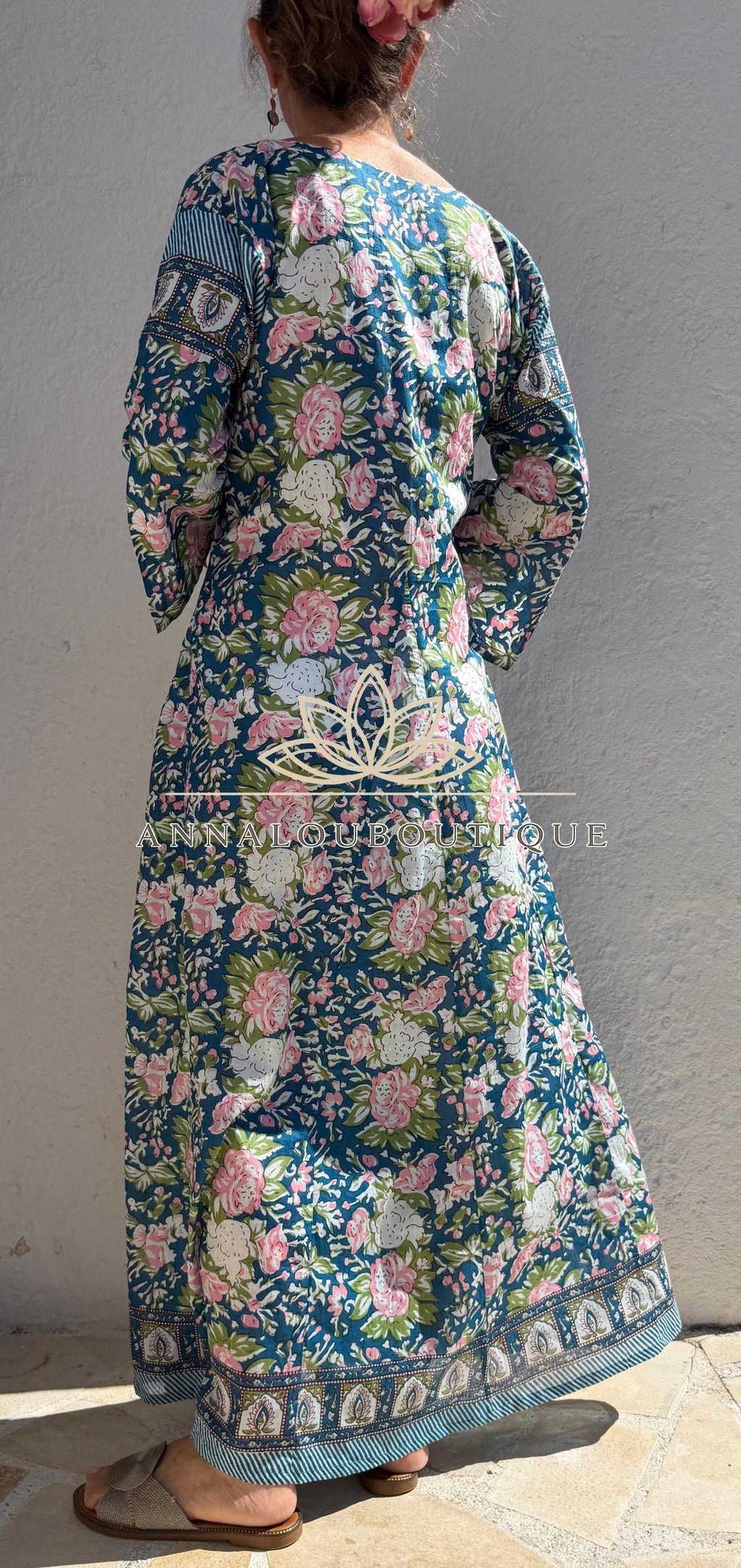 Pink Blue Floral Kaftan Dress, Soft Cotton Beach Cover Up, Flowy Summer Maxi Dress, Bohemian Resort Wear, Handmade Cotton Fashion