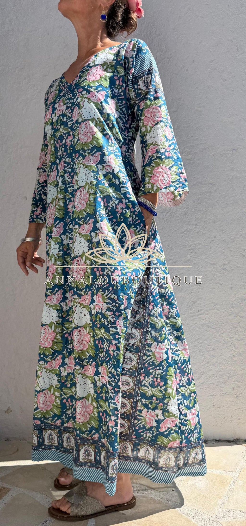 Pink Blue Floral Kaftan Dress, Soft Cotton Beach Cover Up, Flowy Summer Maxi Dress, Bohemian Resort Wear, Handmade Cotton Fashion