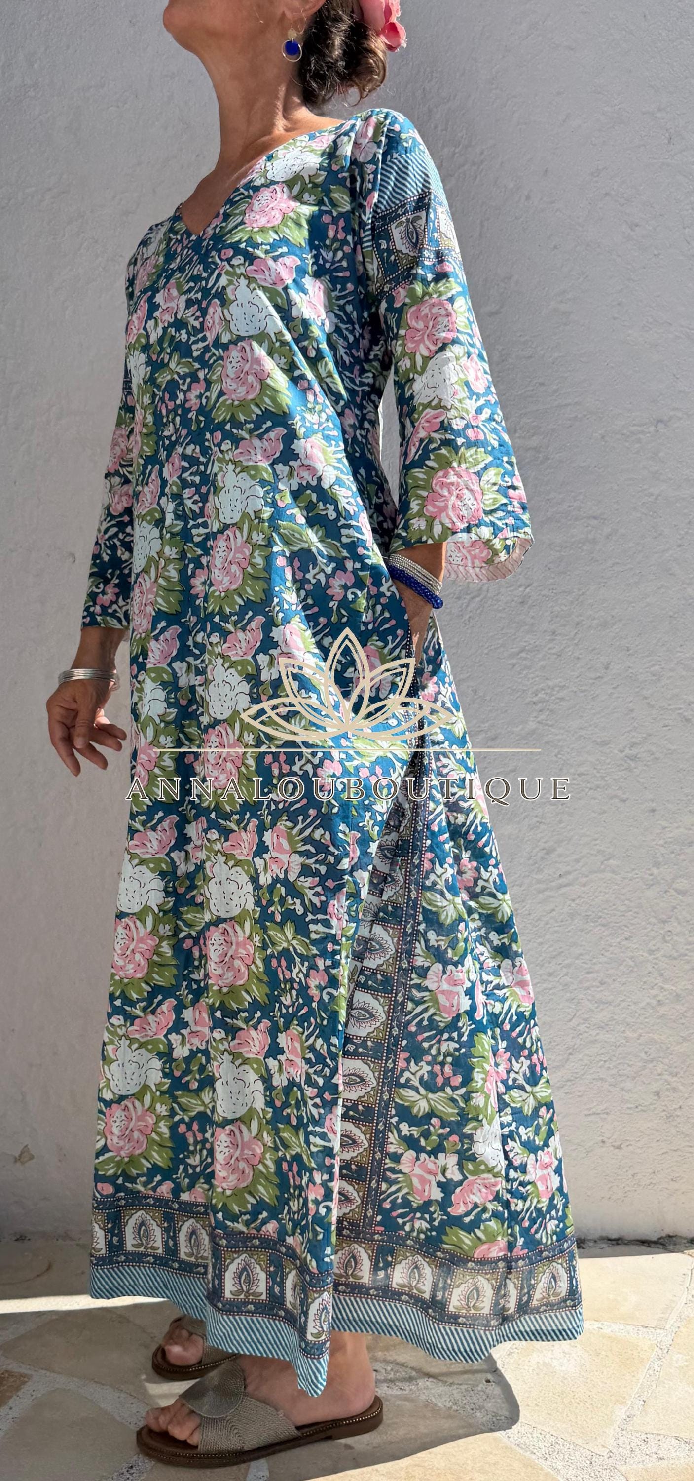 Pink Blue Floral Kaftan Dress, Soft Cotton Beach Cover Up, Flowy Summer Maxi Dress, Bohemian Resort Wear, Handmade Cotton Fashion
