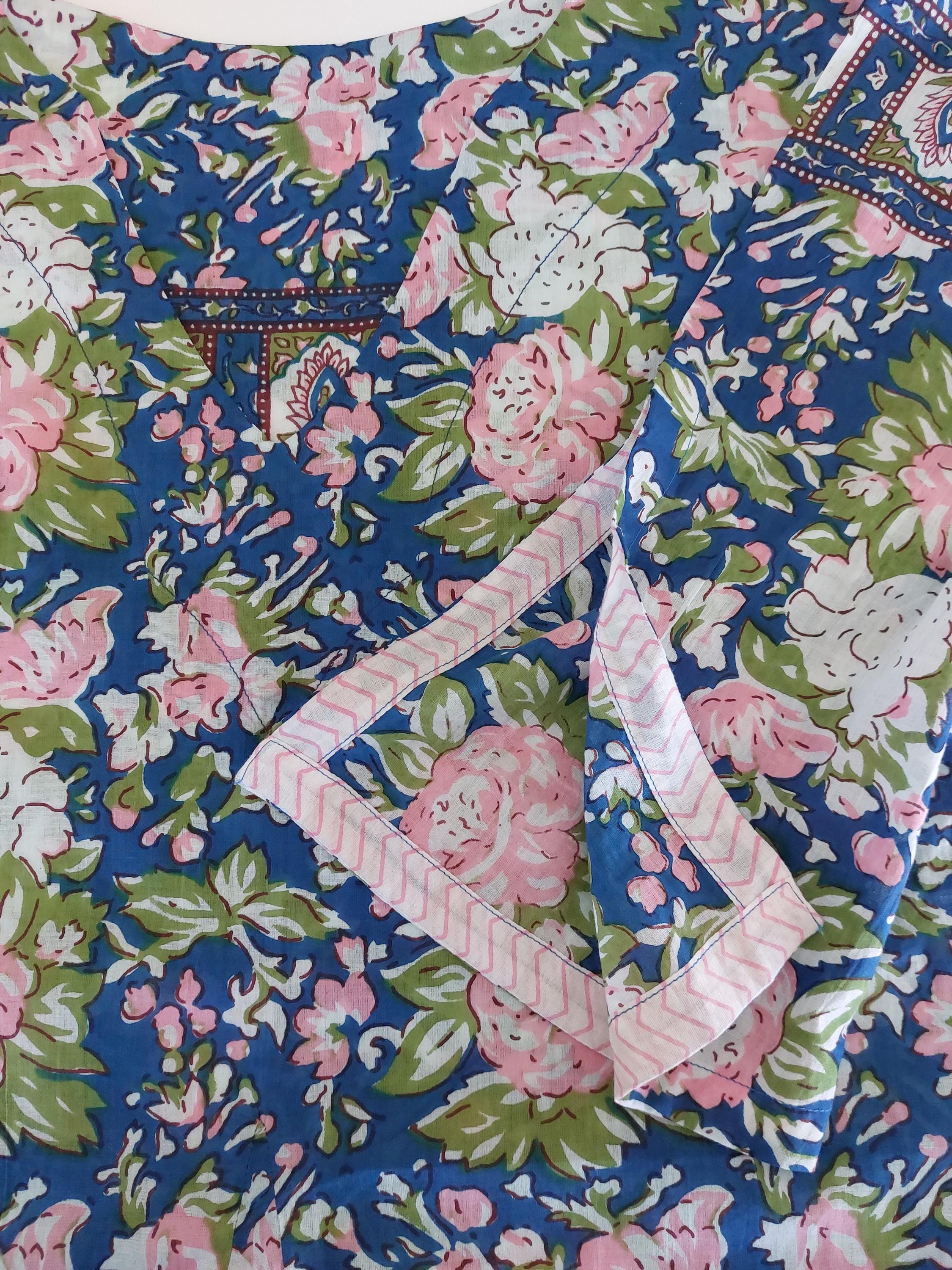 Pink Blue Floral Kaftan Dress, Soft Cotton Beach Cover Up, Flowy Summer Maxi Dress, Bohemian Resort Wear, Handmade Cotton Fashion