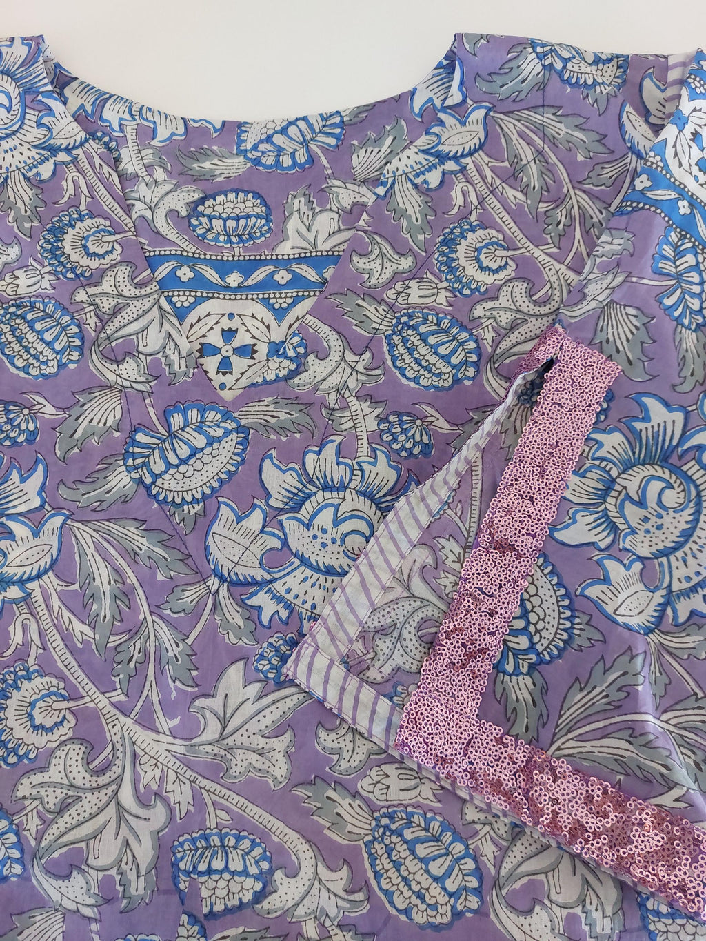Mauve & Blue Floral Print Maxi Dress, Soft Cotton Summer Resort Wear, Beach Cover Up, Handmade Fashion with Sequin Lace Sleeves