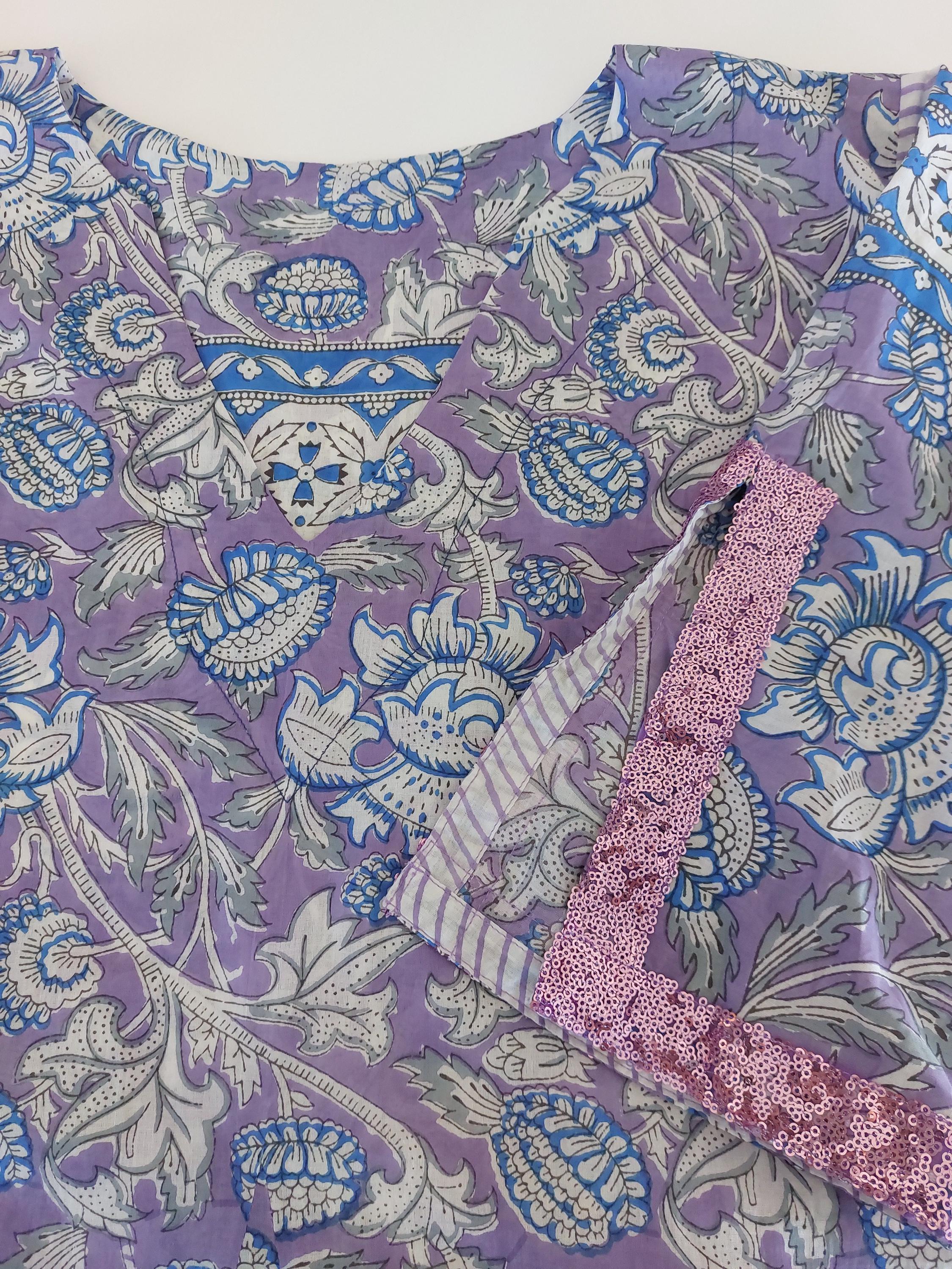 Mauve & Blue Floral Print Maxi Dress, Soft Cotton Summer Resort Wear, Beach Cover Up, Handmade Fashion with Sequin Lace Sleeves