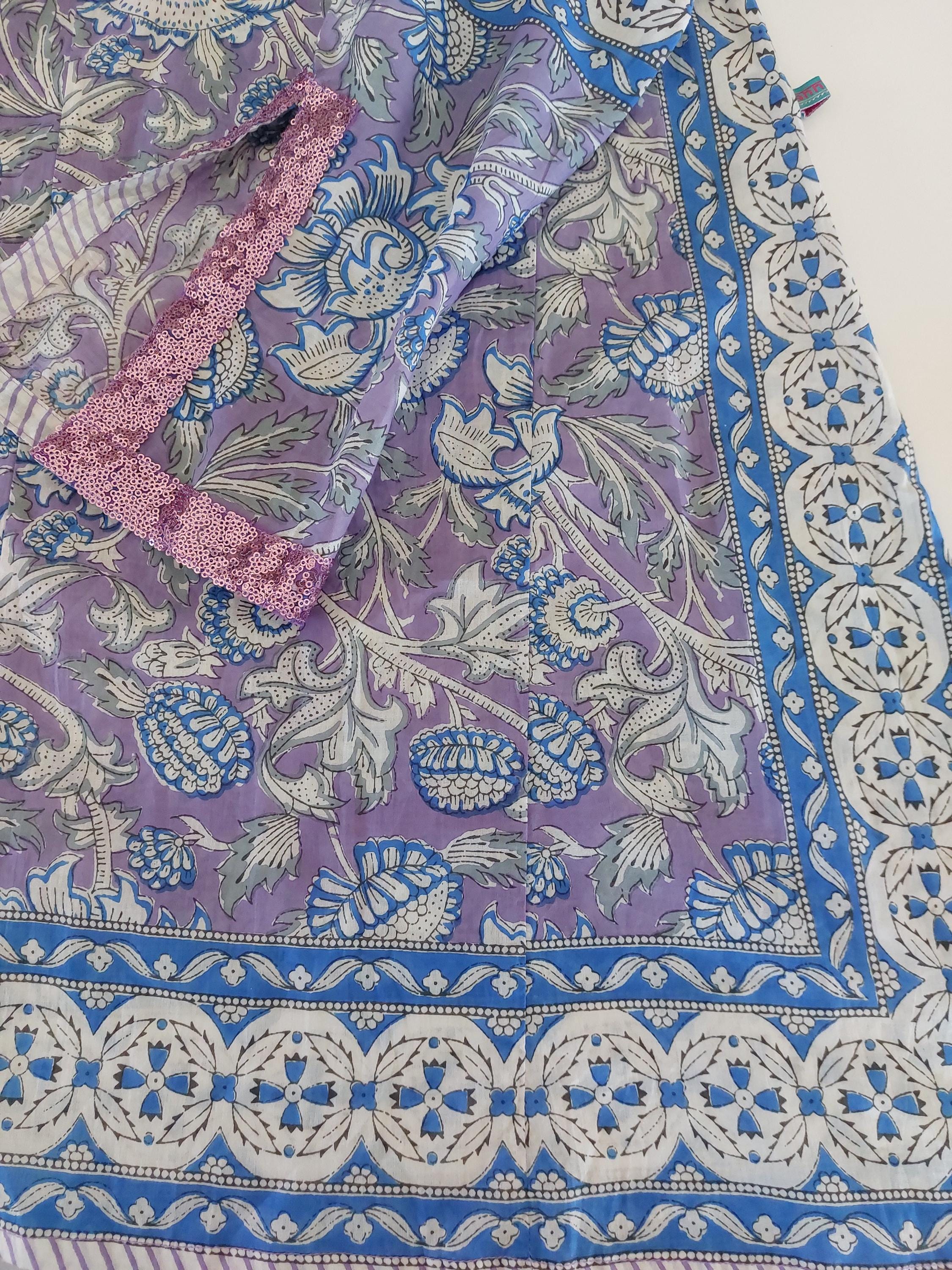 Mauve & Blue Floral Print Maxi Dress, Soft Cotton Summer Resort Wear, Beach Cover Up, Handmade Fashion with Sequin Lace Sleeves