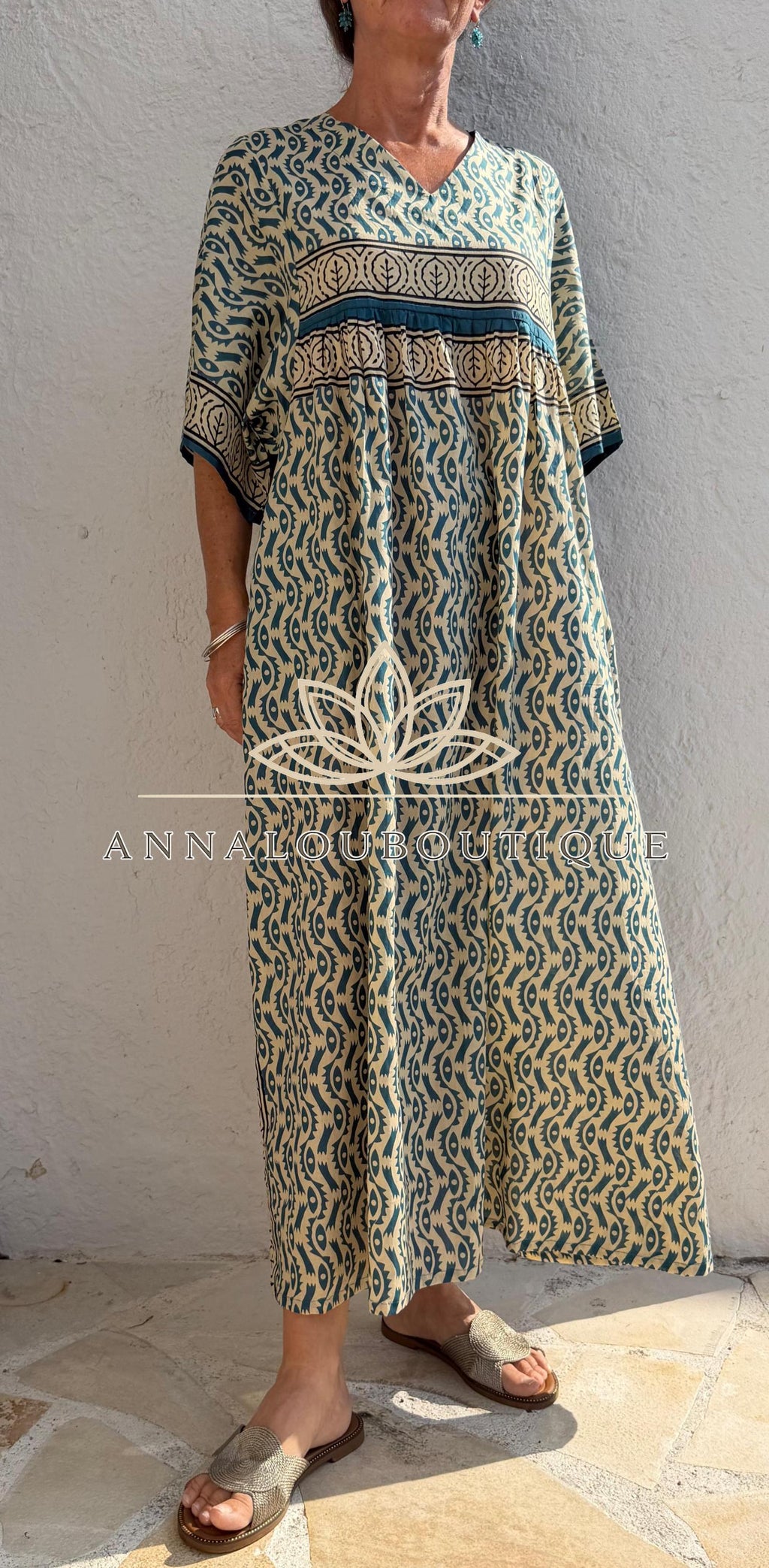 Beige & Blue Oversized Cotton Maxi Dress, Resort Boho Dress, Soft Cotton Summer Outfit, Flowy Women's Dress