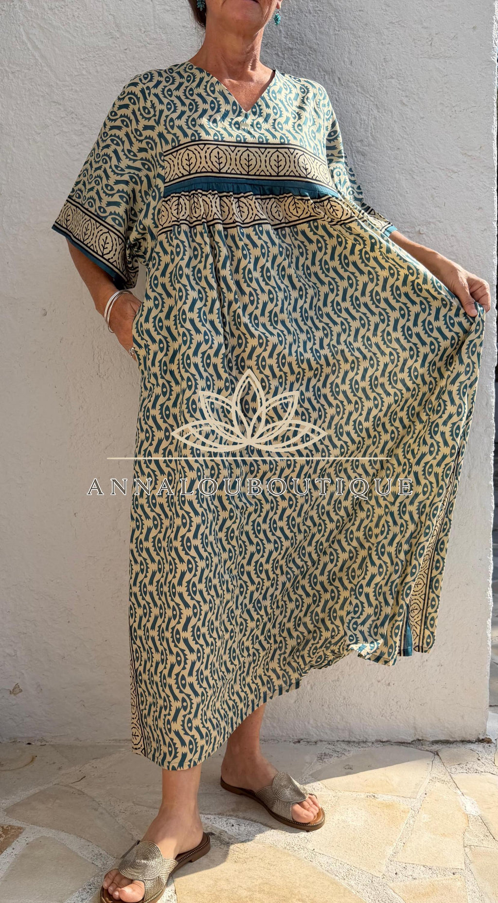 Beige & Blue Oversized Cotton Maxi Dress, Resort Boho Dress, Soft Cotton Summer Outfit, Flowy Women's Dress