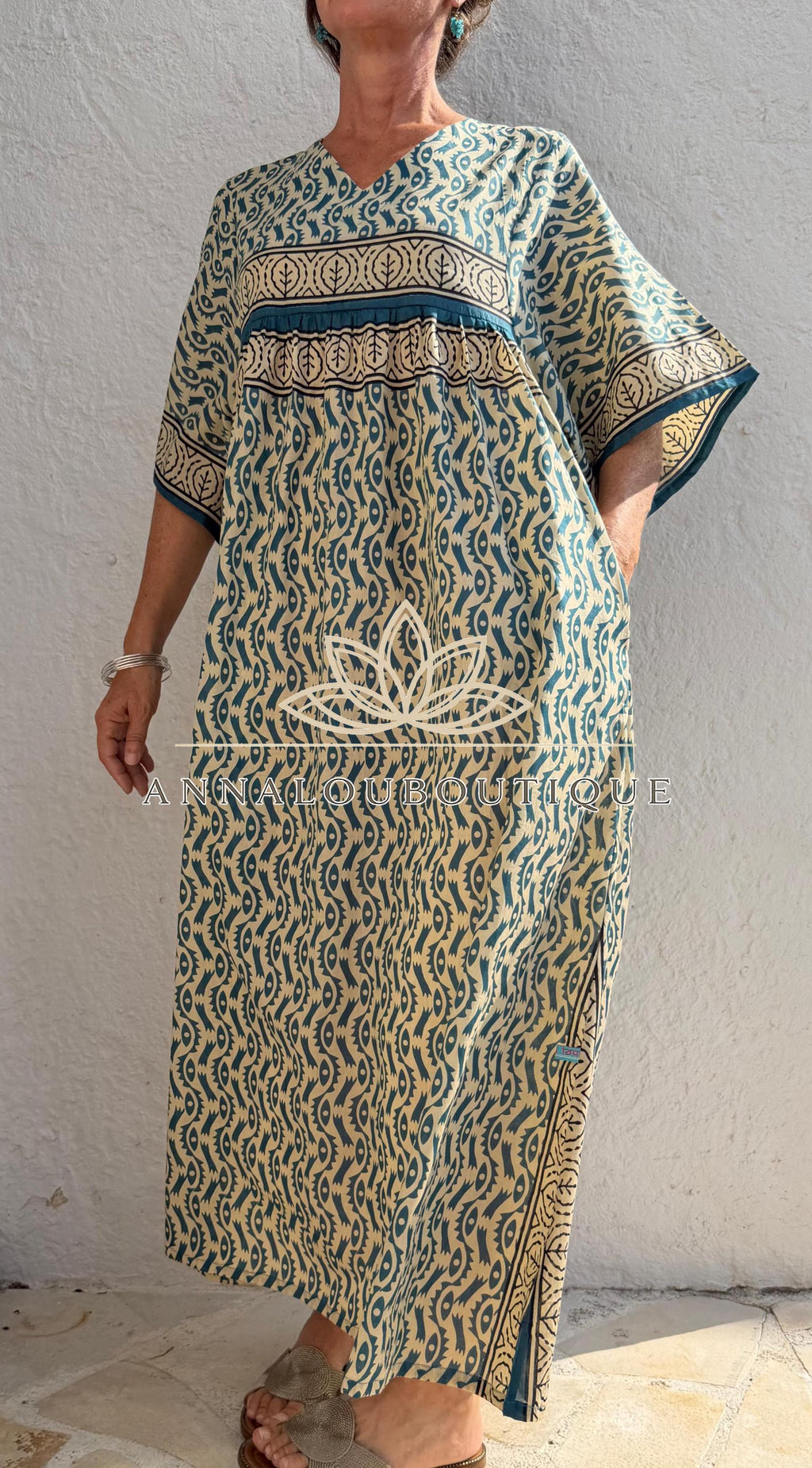 Beige & Blue Oversized Cotton Maxi Dress, Resort Boho Dress, Soft Cotton Summer Outfit, Flowy Women's Dress