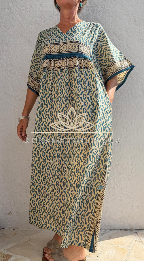 Beige & Blue Oversized Cotton Maxi Dress, Resort Boho Dress, Soft Cotton Summer Outfit, Flowy Women's Dress