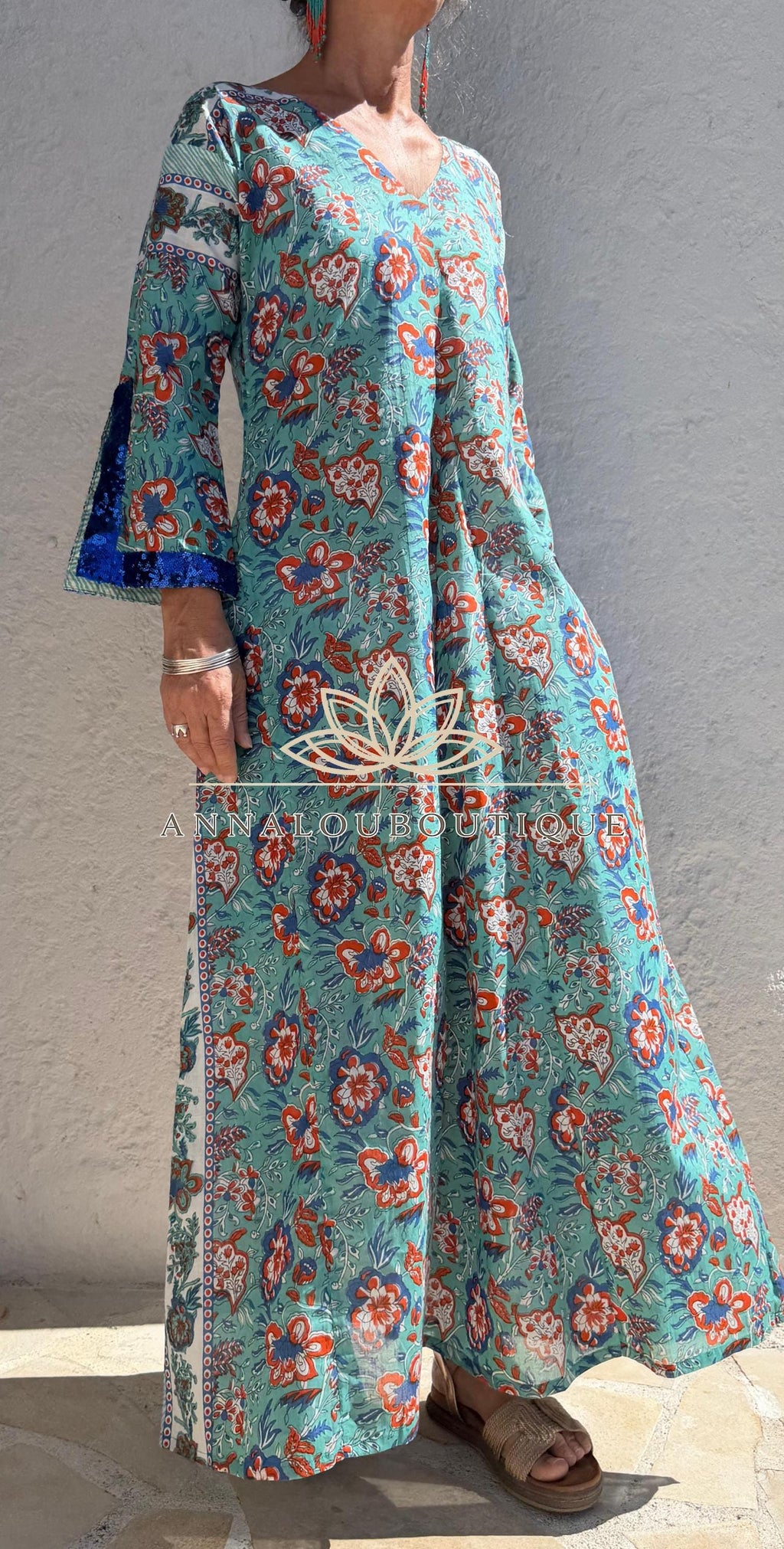 Floral Cotton Kaftan Dress, Turquoise & Orange Print Maxi Dress, Beach Resort Wear, Soft Cotton Summer Outfit, Sequin Lace Sleeve Details