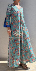 Floral Cotton Kaftan Dress, Turquoise & Orange Print Maxi Dress, Beach Resort Wear, Soft Cotton Summer Outfit, Sequin Lace Sleeve Details