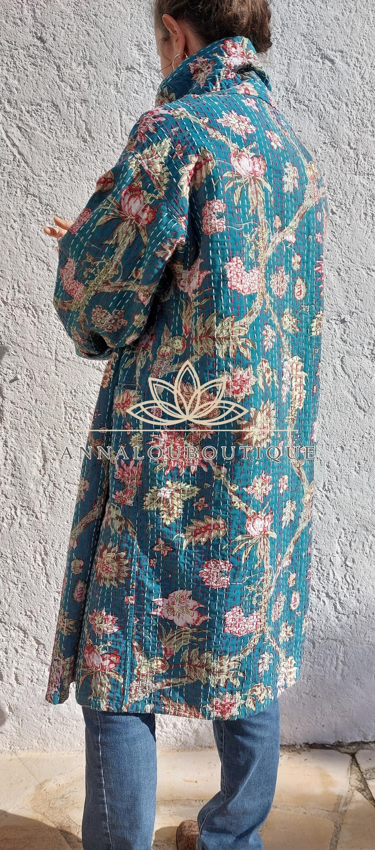 Boho Chic Oversized Jacket – Teal Hydrangea Statement Coat with Large Collar & Sleeves