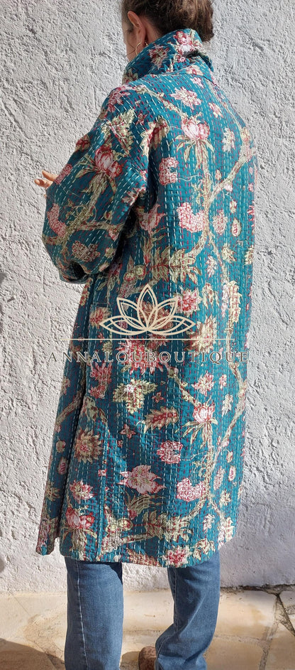 Boho Chic Oversized Jacket – Teal Hydrangea Statement Coat with Large Collar & Sleeves