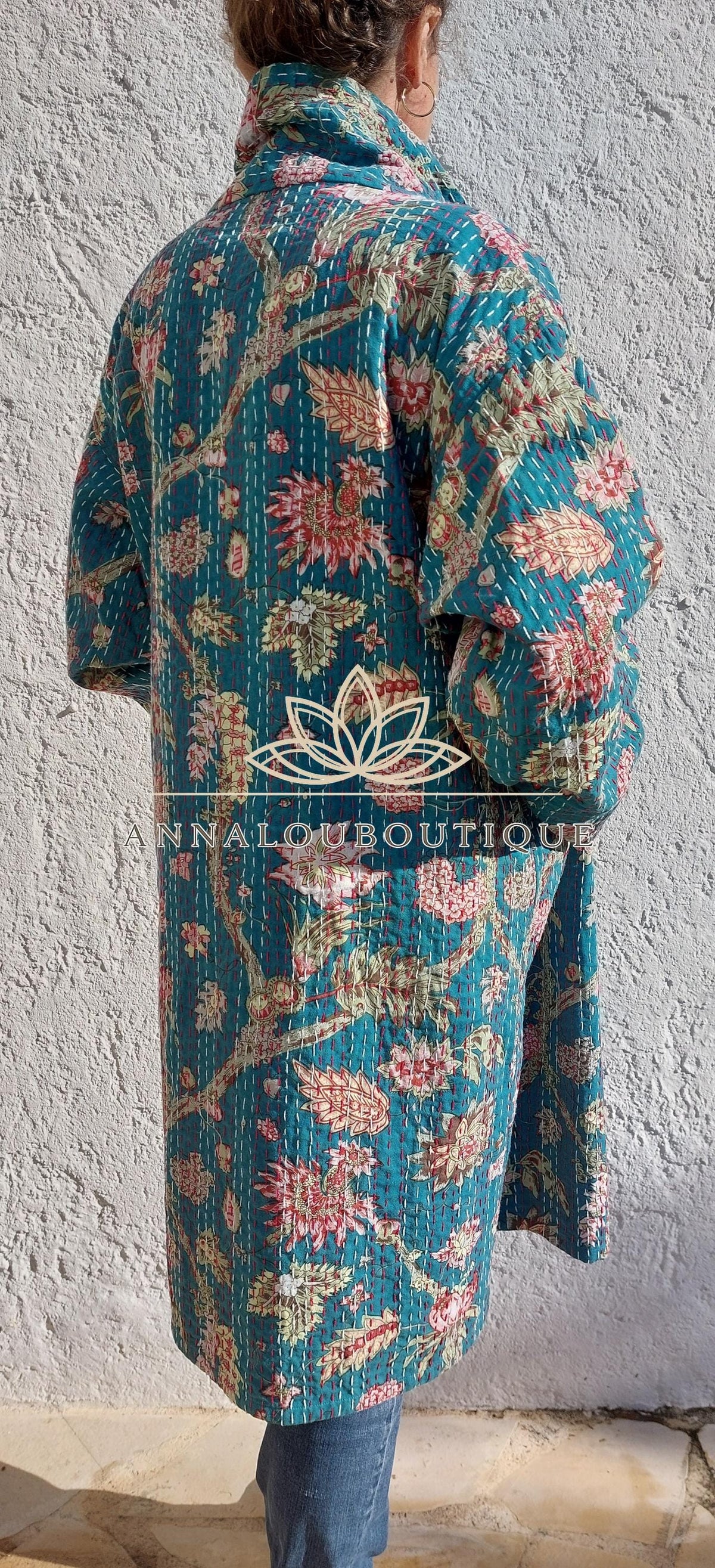Boho Chic Oversized Jacket – Teal Hydrangea Statement Coat with Large Collar & Sleeves