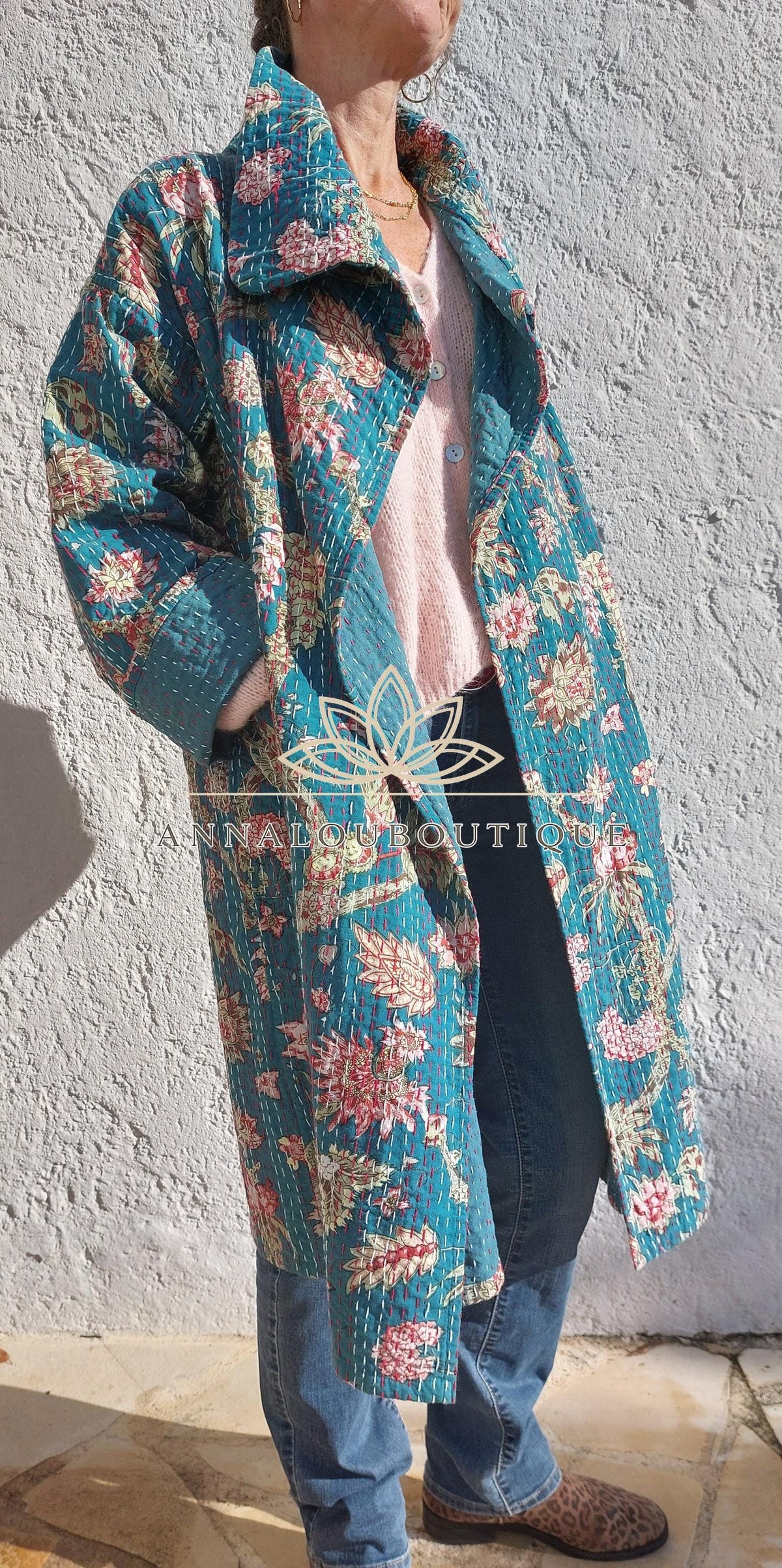Boho Chic Oversized Jacket – Teal Hydrangea Statement Coat with Large Collar & Sleeves