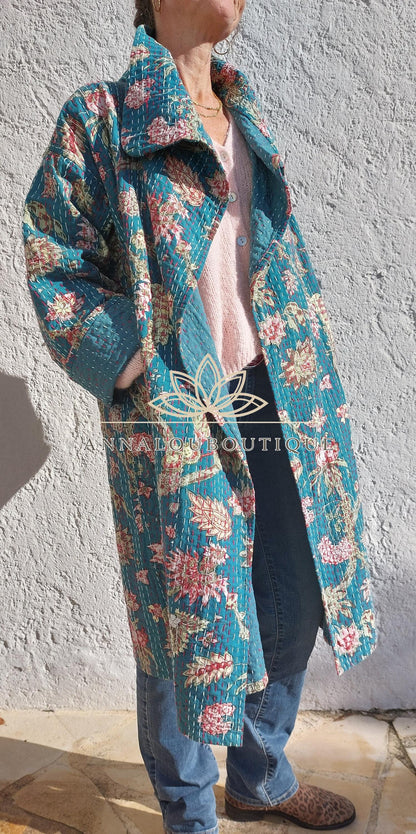 Boho Chic Oversized Jacket – Teal Hydrangea Statement Coat with Large Collar & Sleeves