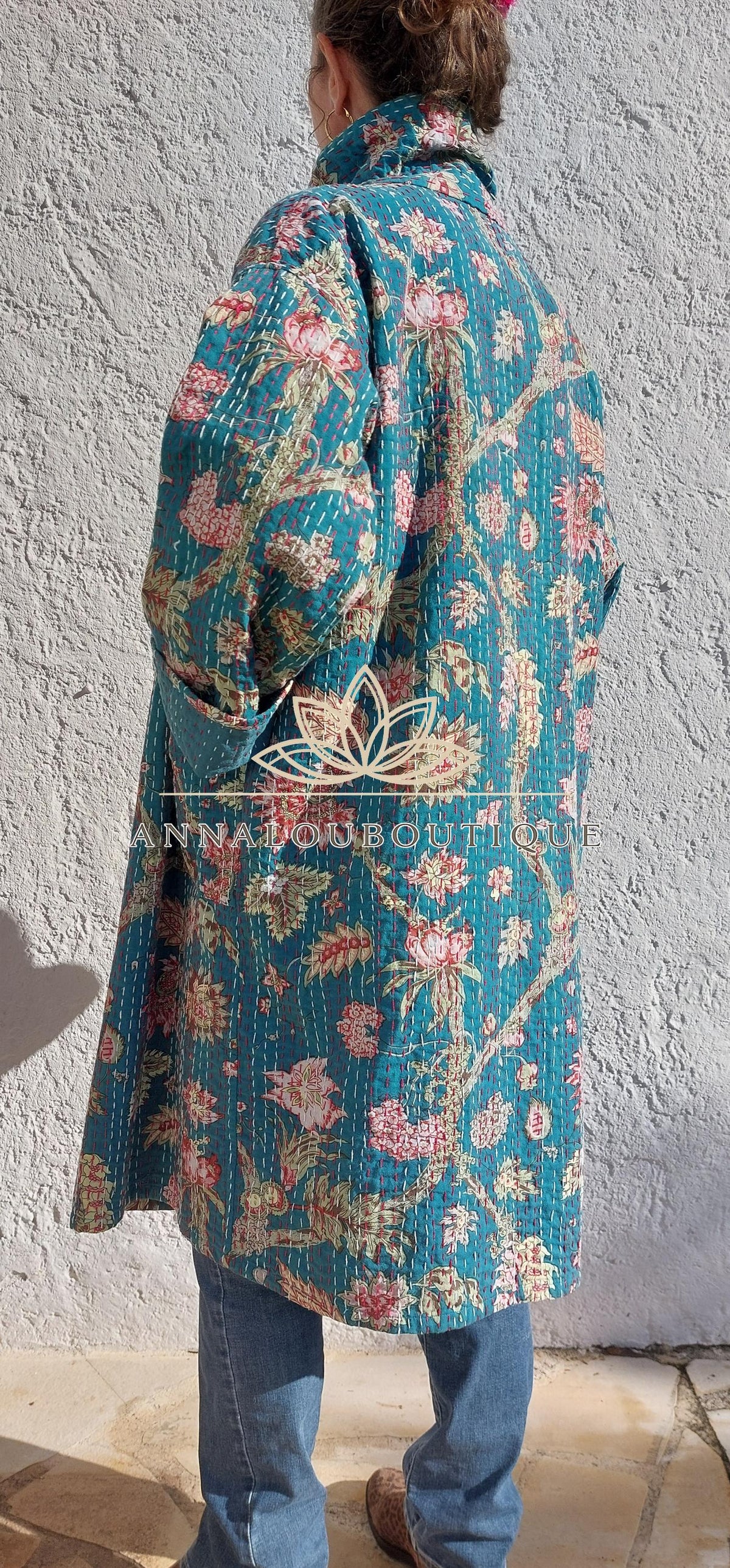 Boho Chic Oversized Jacket – Teal Hydrangea Statement Coat with Large Collar & Sleeves