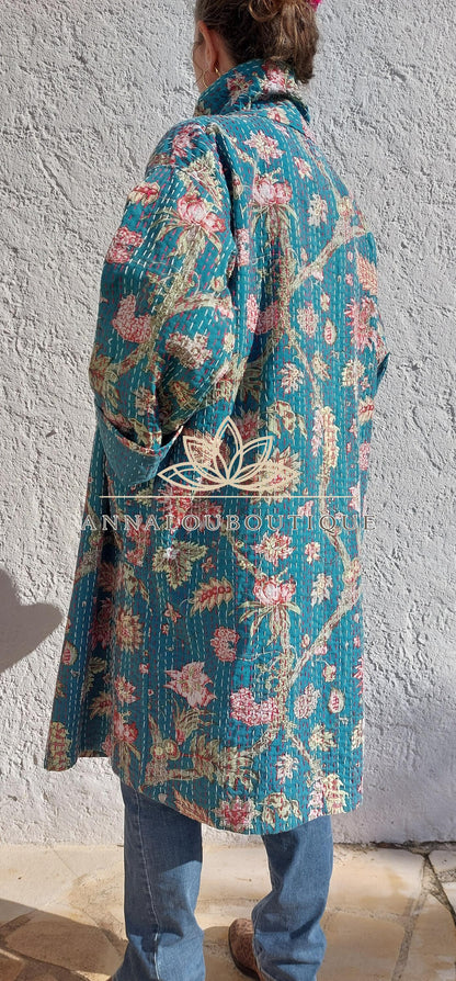 Boho Chic Oversized Jacket – Teal Hydrangea Statement Coat with Large Collar & Sleeves