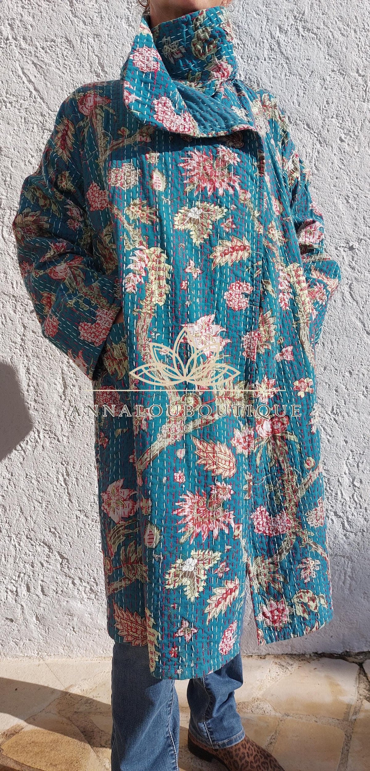 Boho Chic Oversized Jacket – Teal Hydrangea Statement Coat with Large Collar & Sleeves