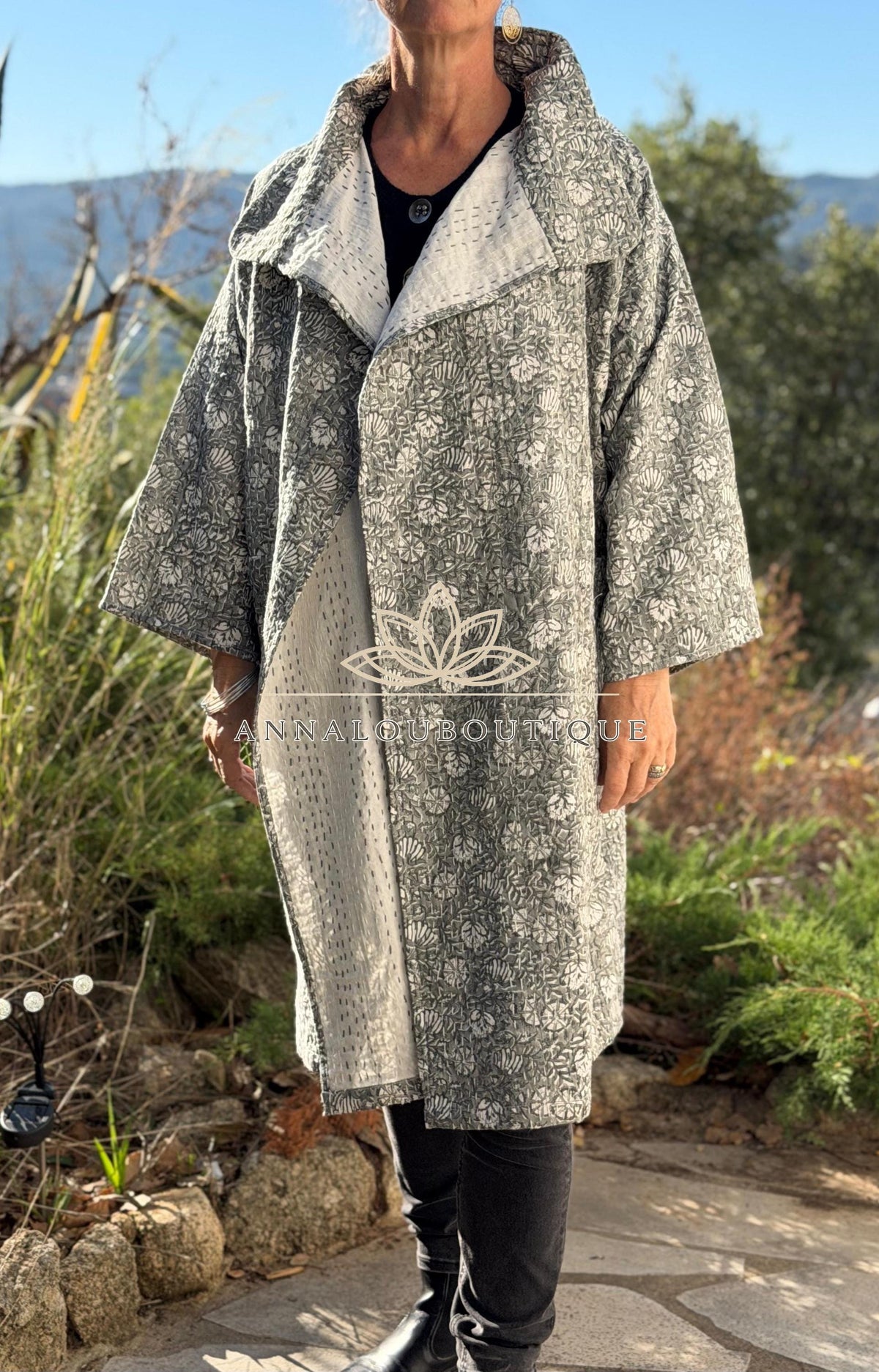 Boho Chic Oversized Jacket – Grey Floral Hand Block Statement Coat