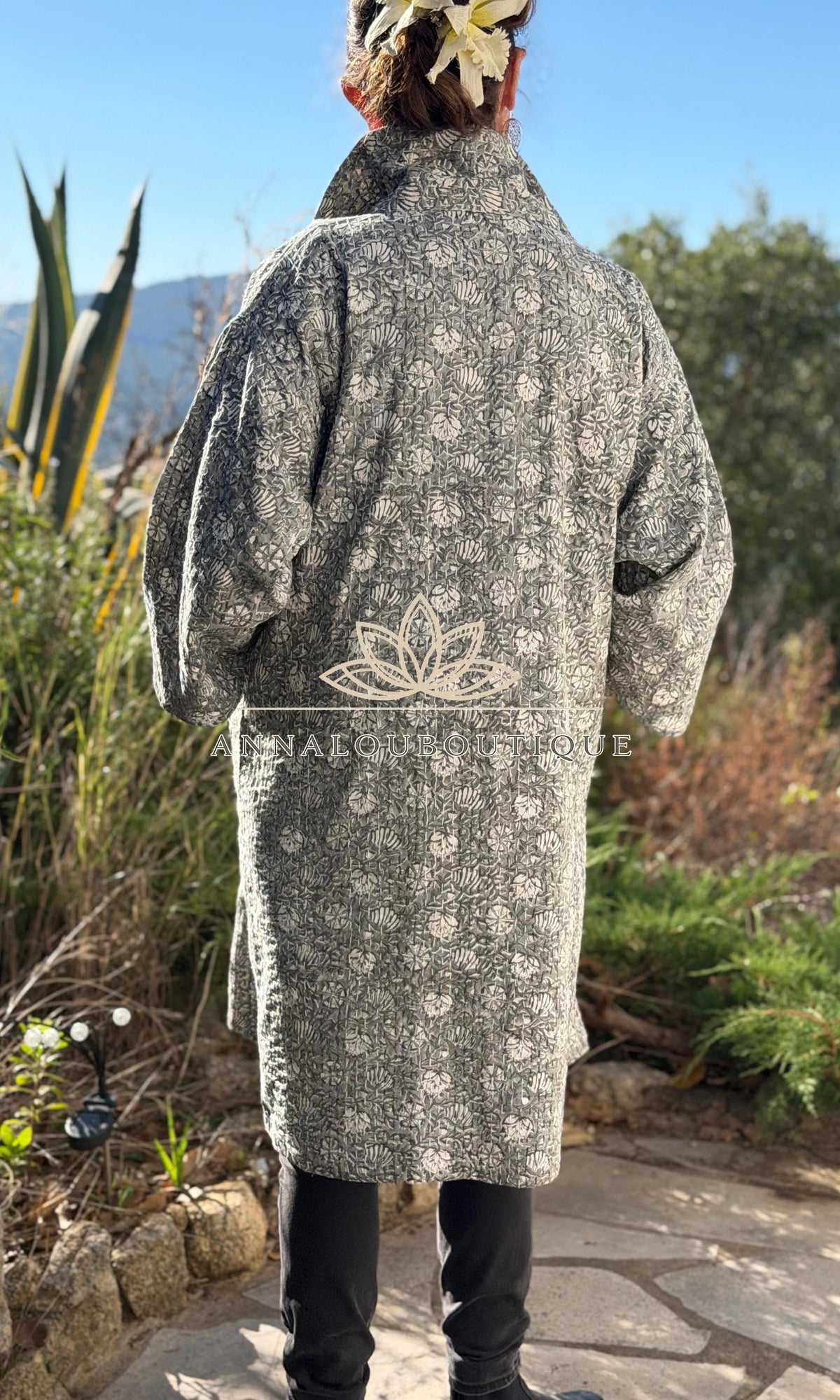 Boho Chic Oversized Jacket – Grey Floral Hand Block Statement Coat