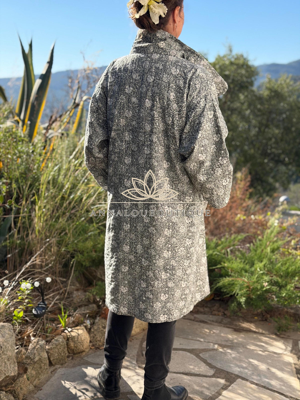 Boho Chic Oversized Jacket – Grey Floral Hand Block Statement Coat