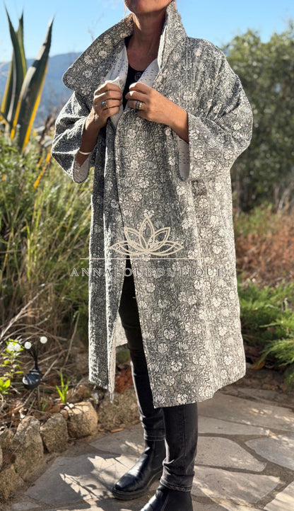 Boho Chic Oversized Jacket – Grey Floral Hand Block Statement Coat