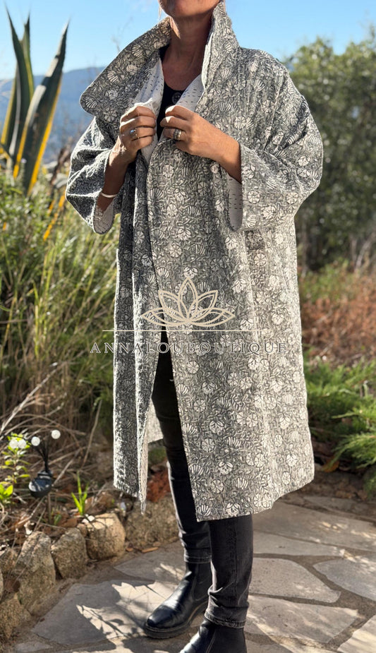 Boho Chic Oversized Jacket – Grey Floral Hand Block Statement Coat