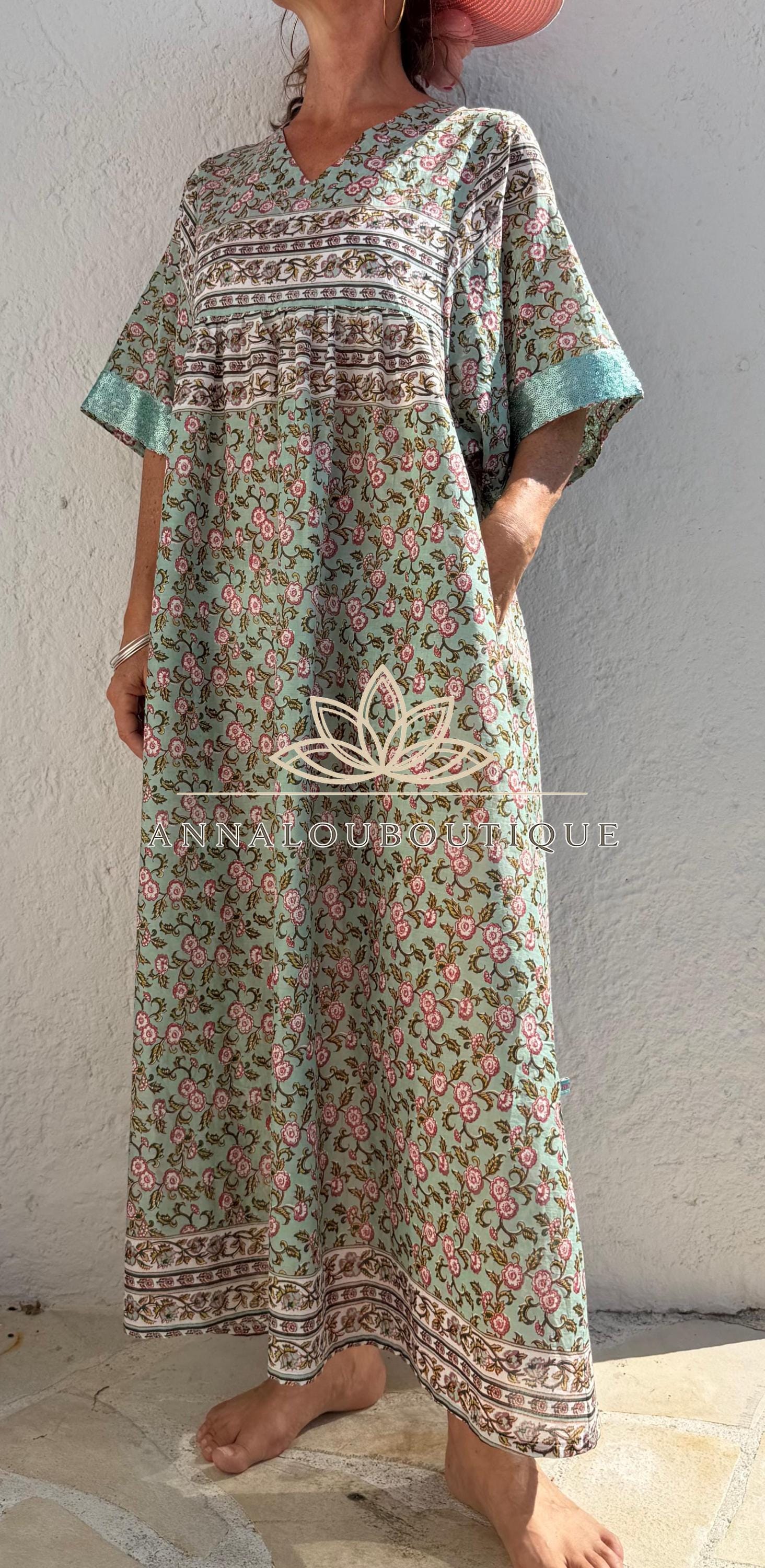 Water Green Floral Maxi Dress, Oversized Soft Cotton Summer Dress, Bohemian Resort Wear, Flowy Casual Outfit, Lightweight Women’s Clothing