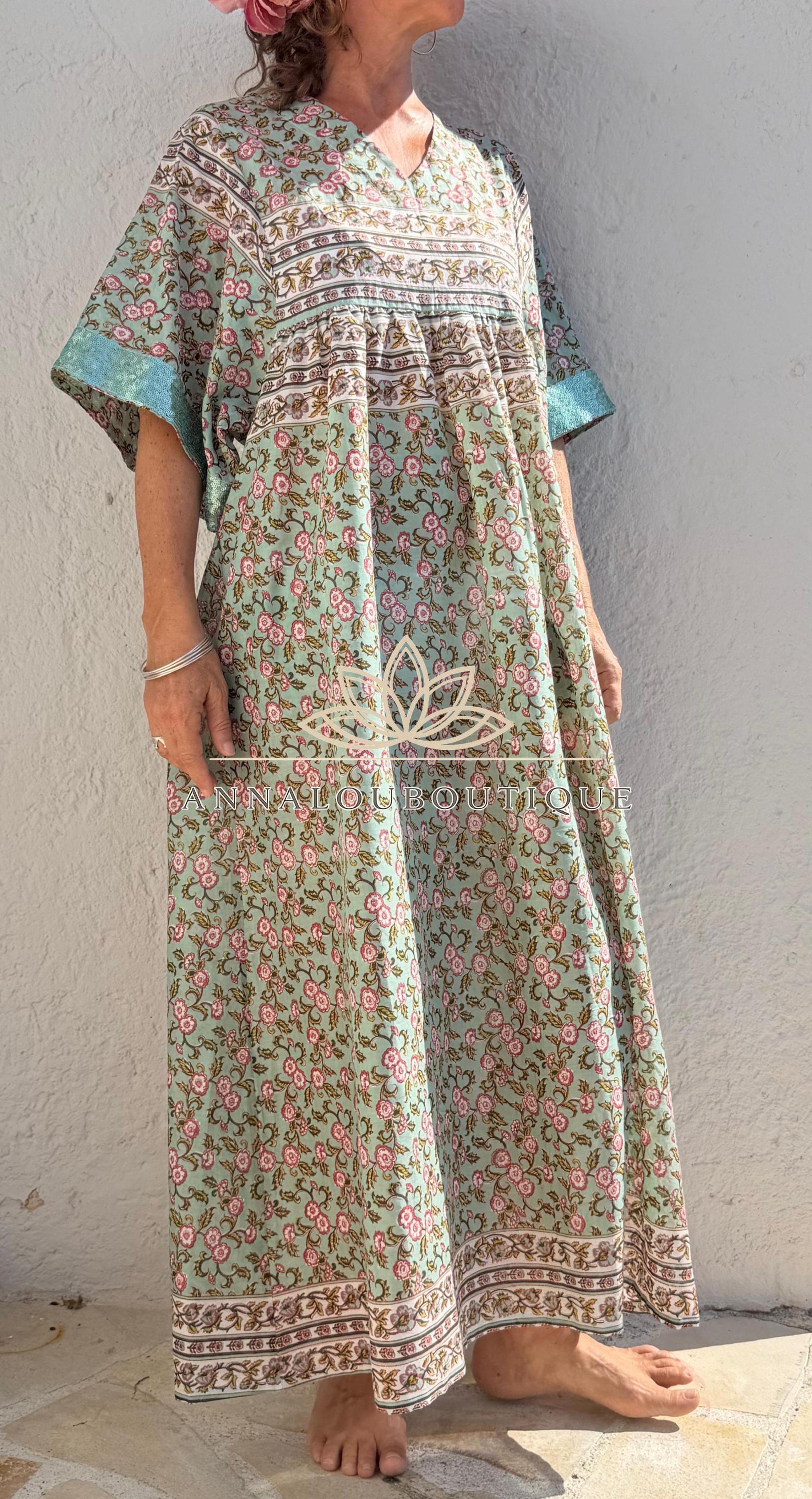 Water Green Floral Maxi Dress, Oversized Soft Cotton Summer Dress, Bohemian Resort Wear, Flowy Casual Outfit, Lightweight Women’s Clothing